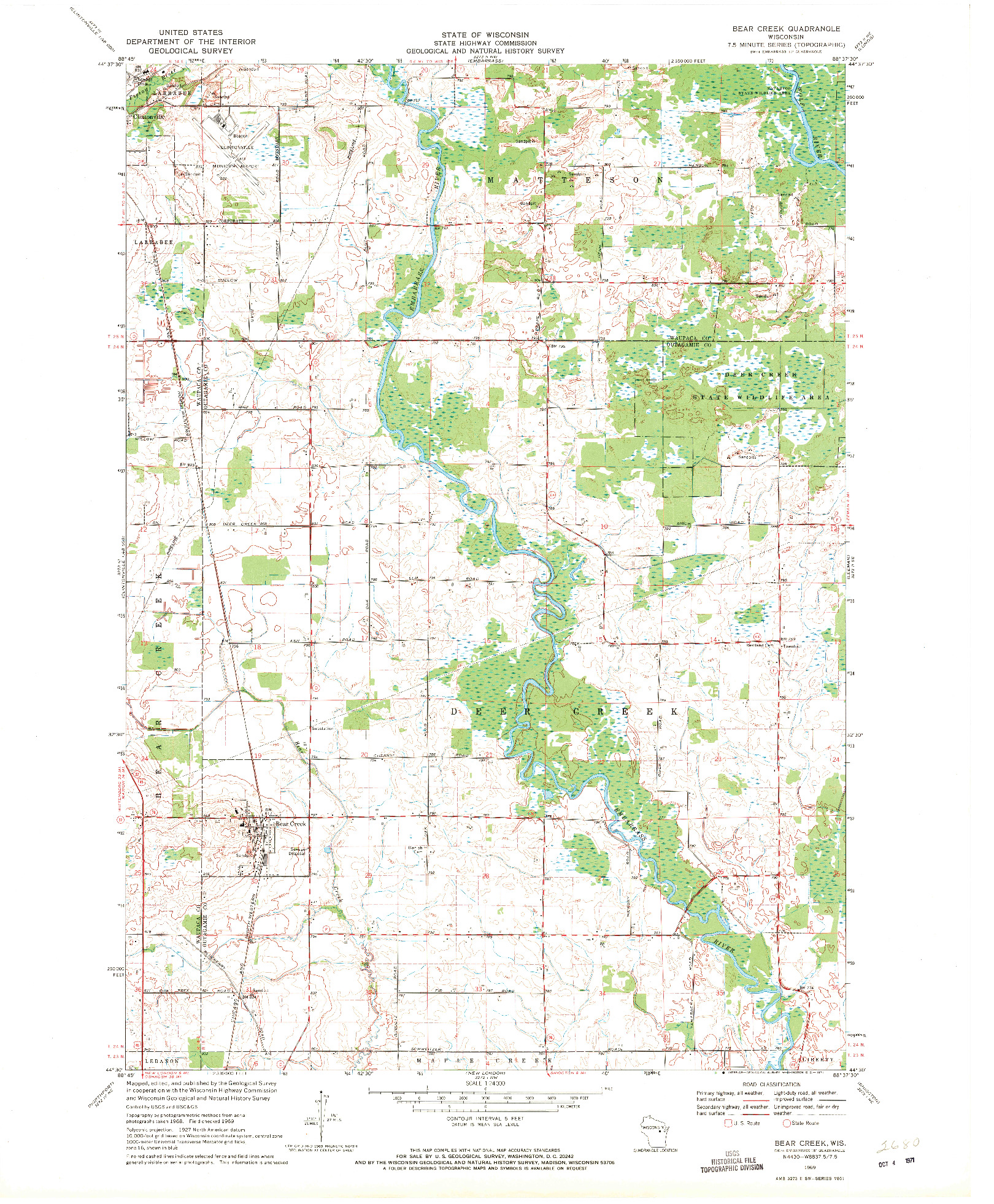 USGS 1:24000-SCALE QUADRANGLE FOR BEAR CREEK, WI 1969