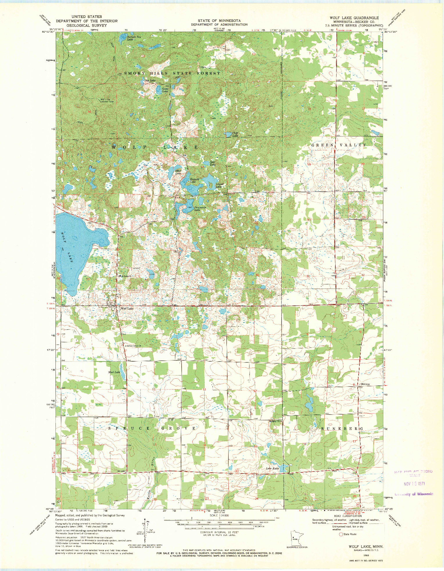 USGS 1:24000-SCALE QUADRANGLE FOR WOLF LAKE, MN 1969