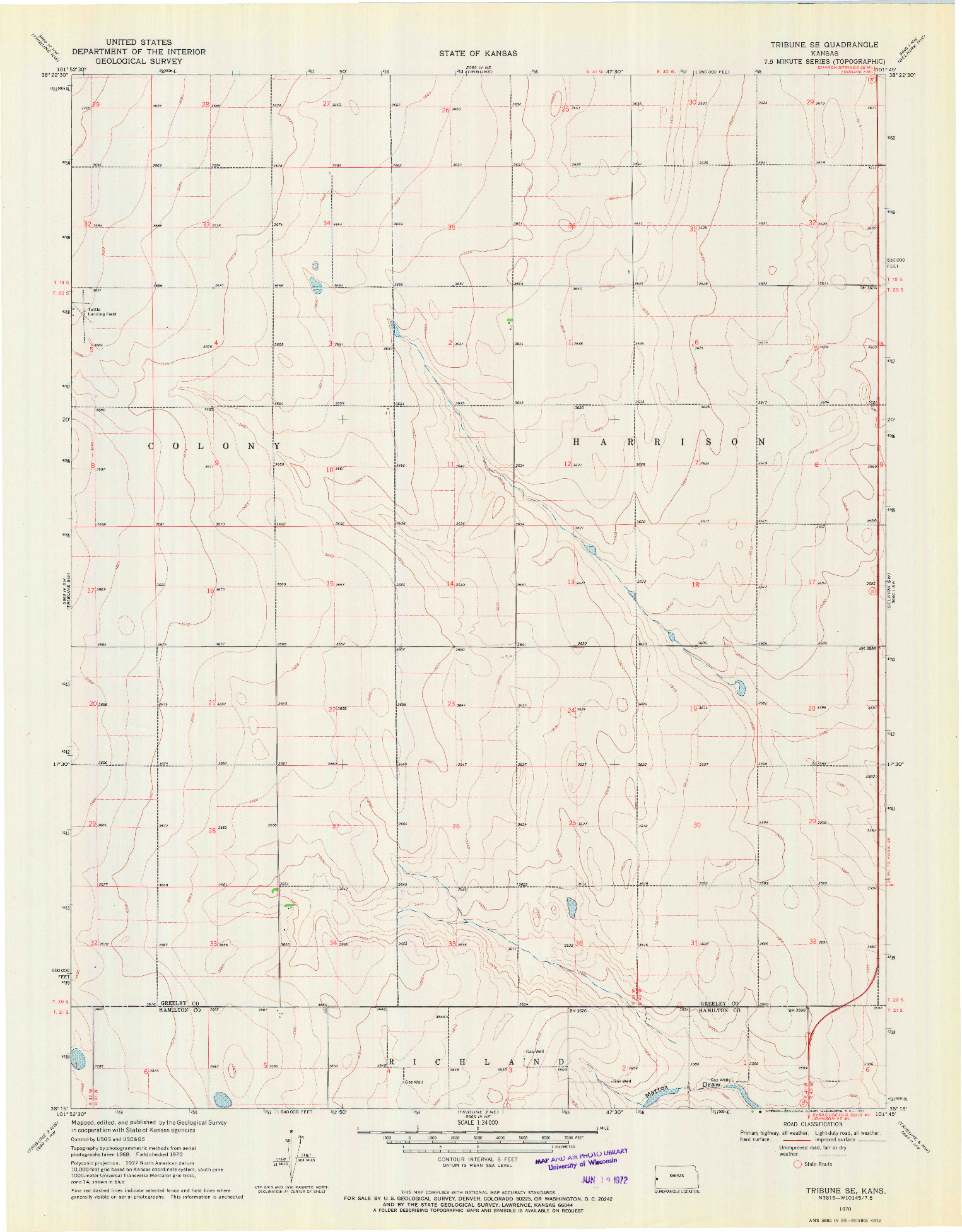 USGS 1:24000-SCALE QUADRANGLE FOR TRIBUNE SE, KS 1970