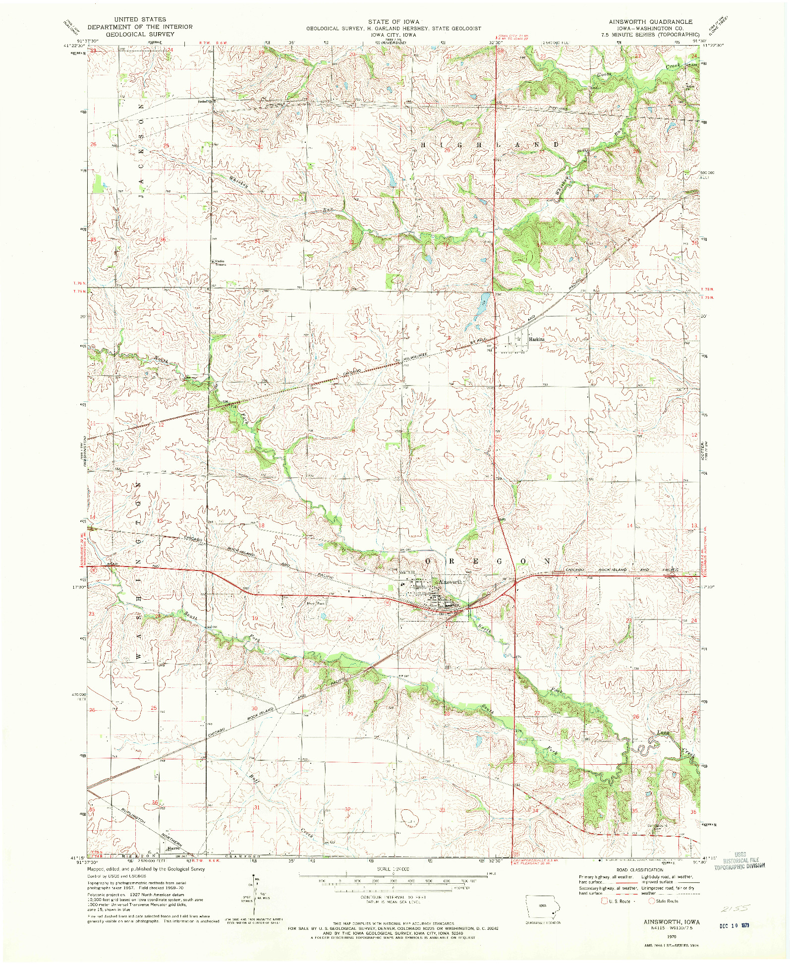 USGS 1:24000-SCALE QUADRANGLE FOR AINSWORTH, IA 1970