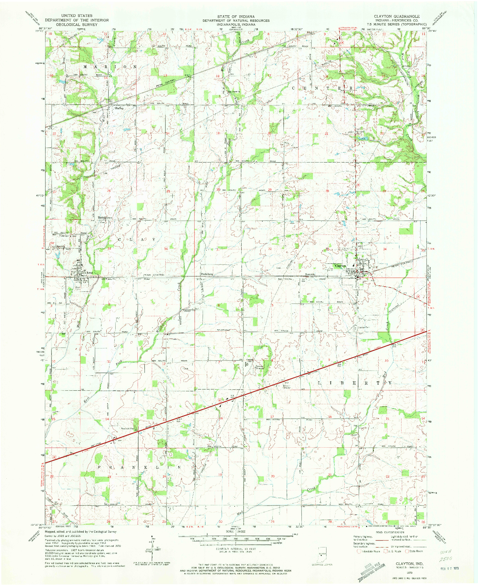 USGS 1:24000-SCALE QUADRANGLE FOR CLAYTON, IN 1970