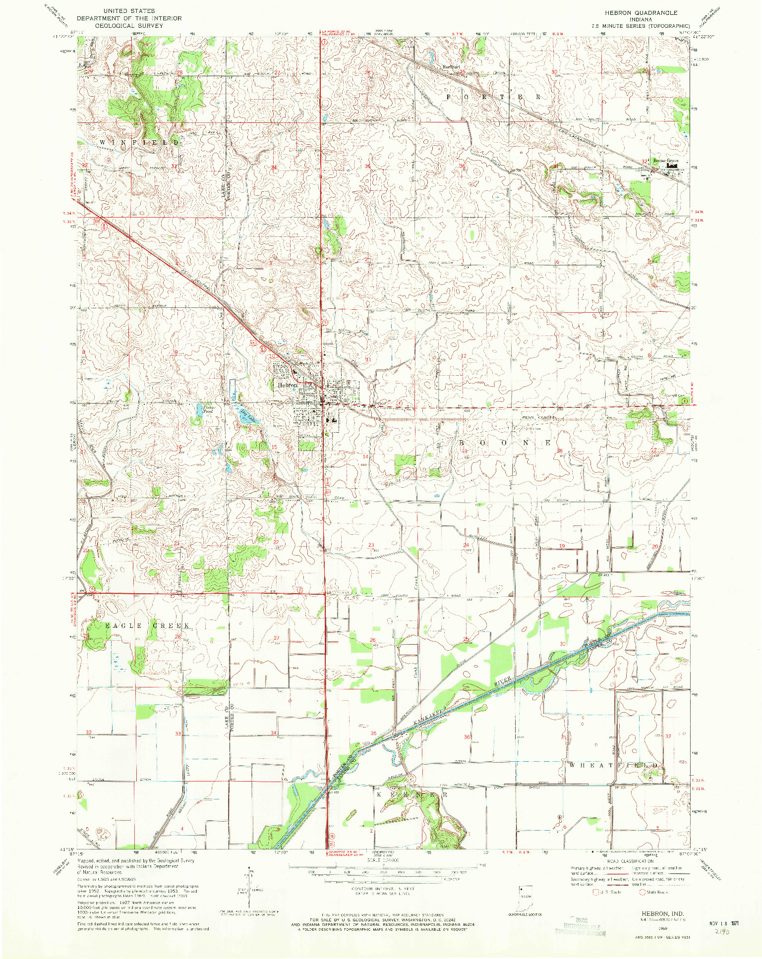 USGS 1:24000-SCALE QUADRANGLE FOR HEBRON, IN 1969