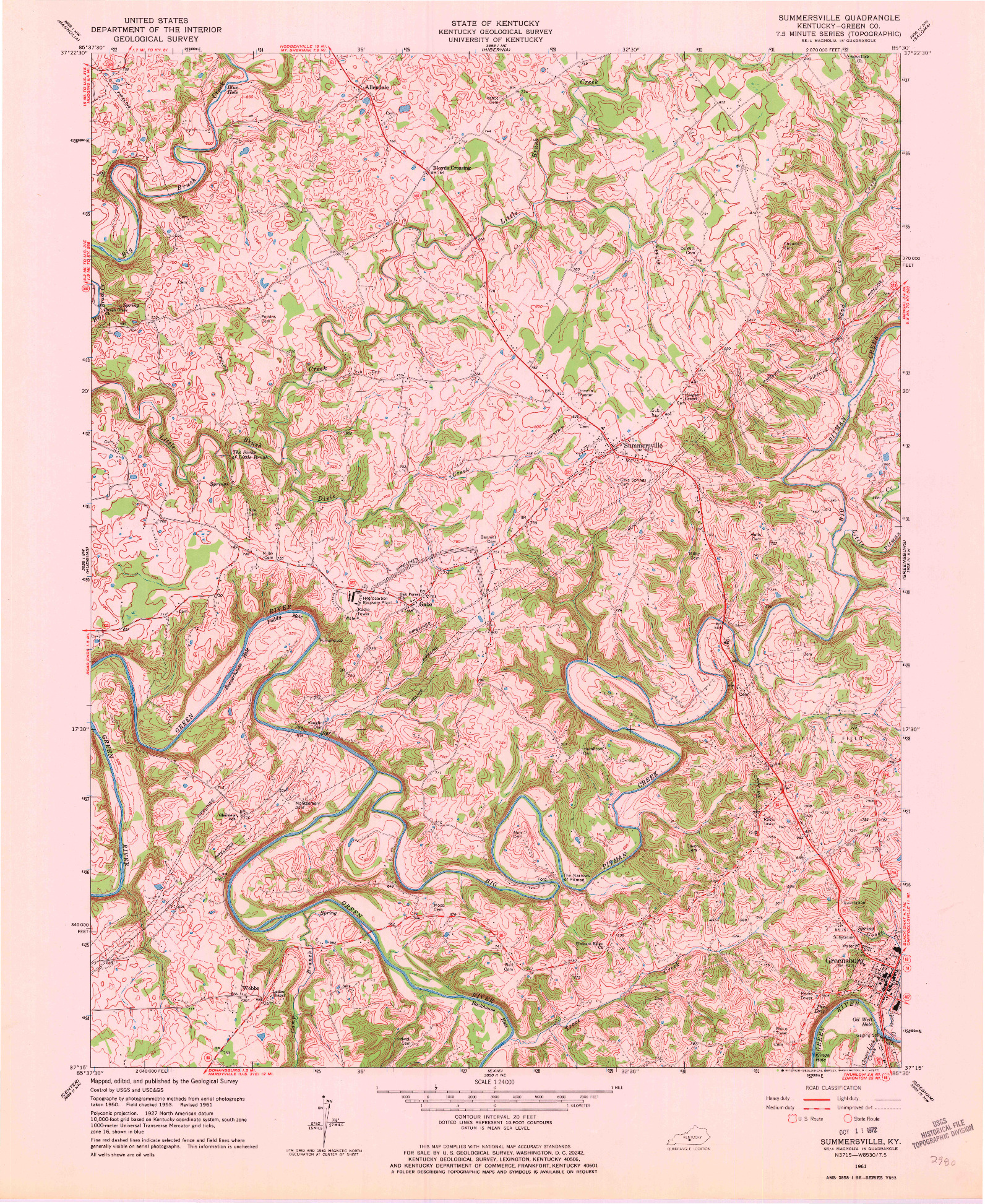 USGS 1:24000-SCALE QUADRANGLE FOR SUMMERSVILLE, KY 1961