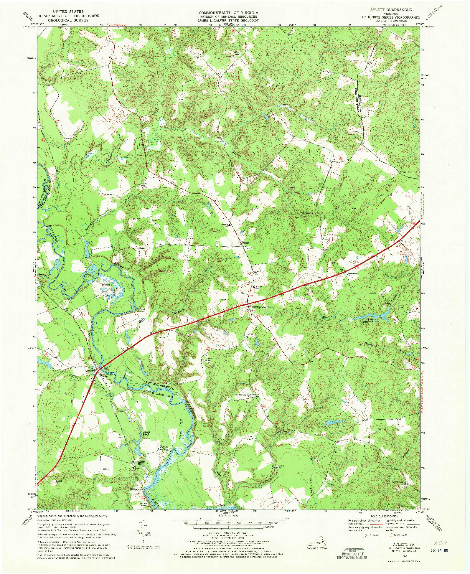 USGS 1:24000-SCALE QUADRANGLE FOR AYLETT, VA 1968