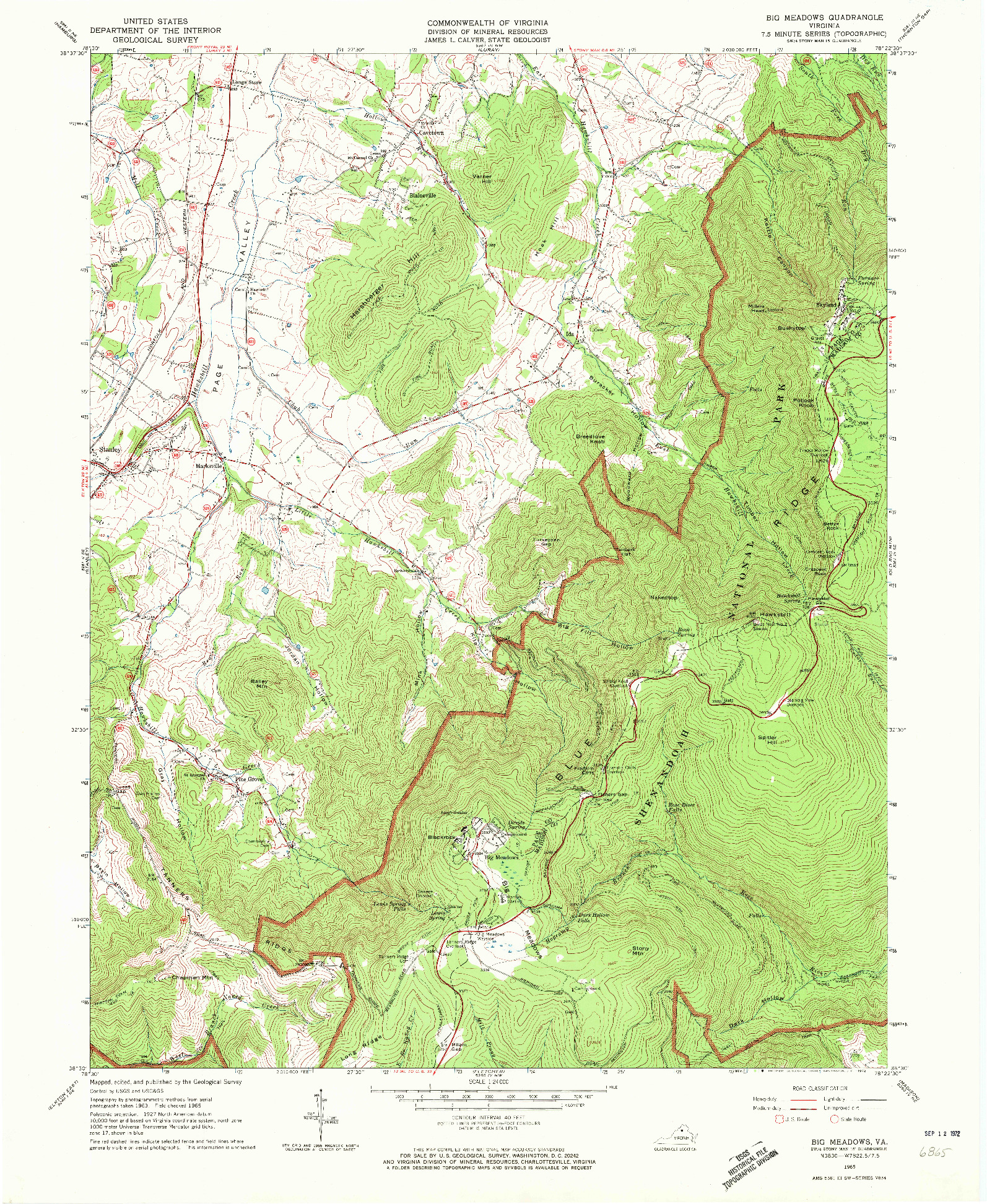 USGS 1:24000-SCALE QUADRANGLE FOR BIG MEADOWS, VA 1965