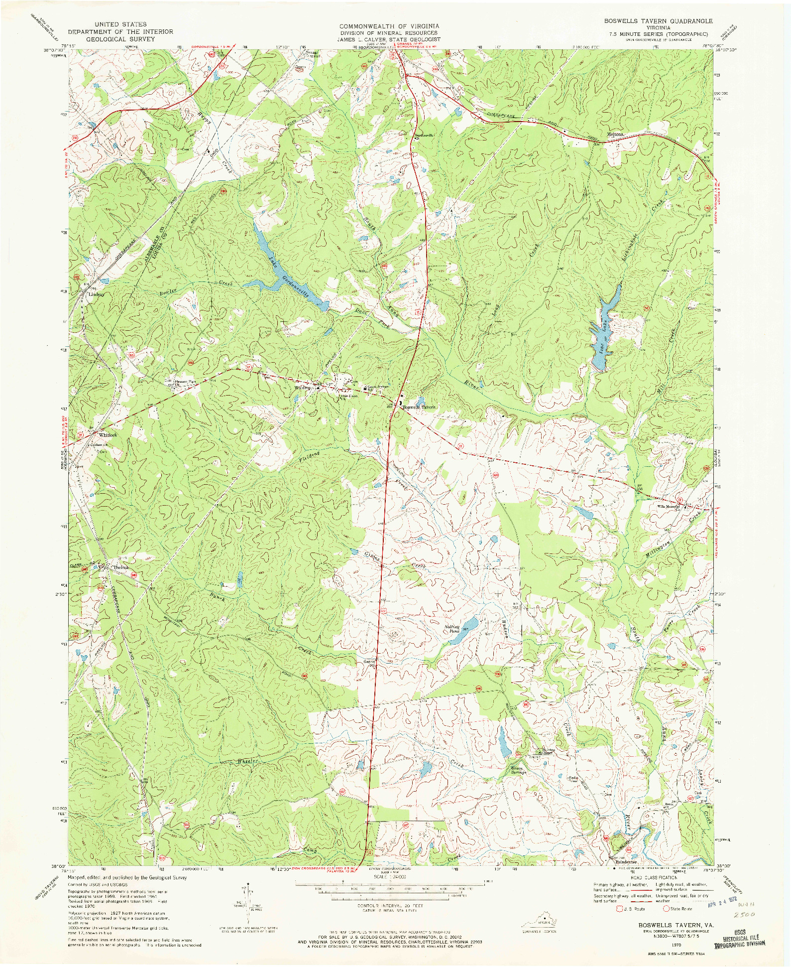 USGS 1:24000-SCALE QUADRANGLE FOR BOSWELLS TAVERN, VA 1970