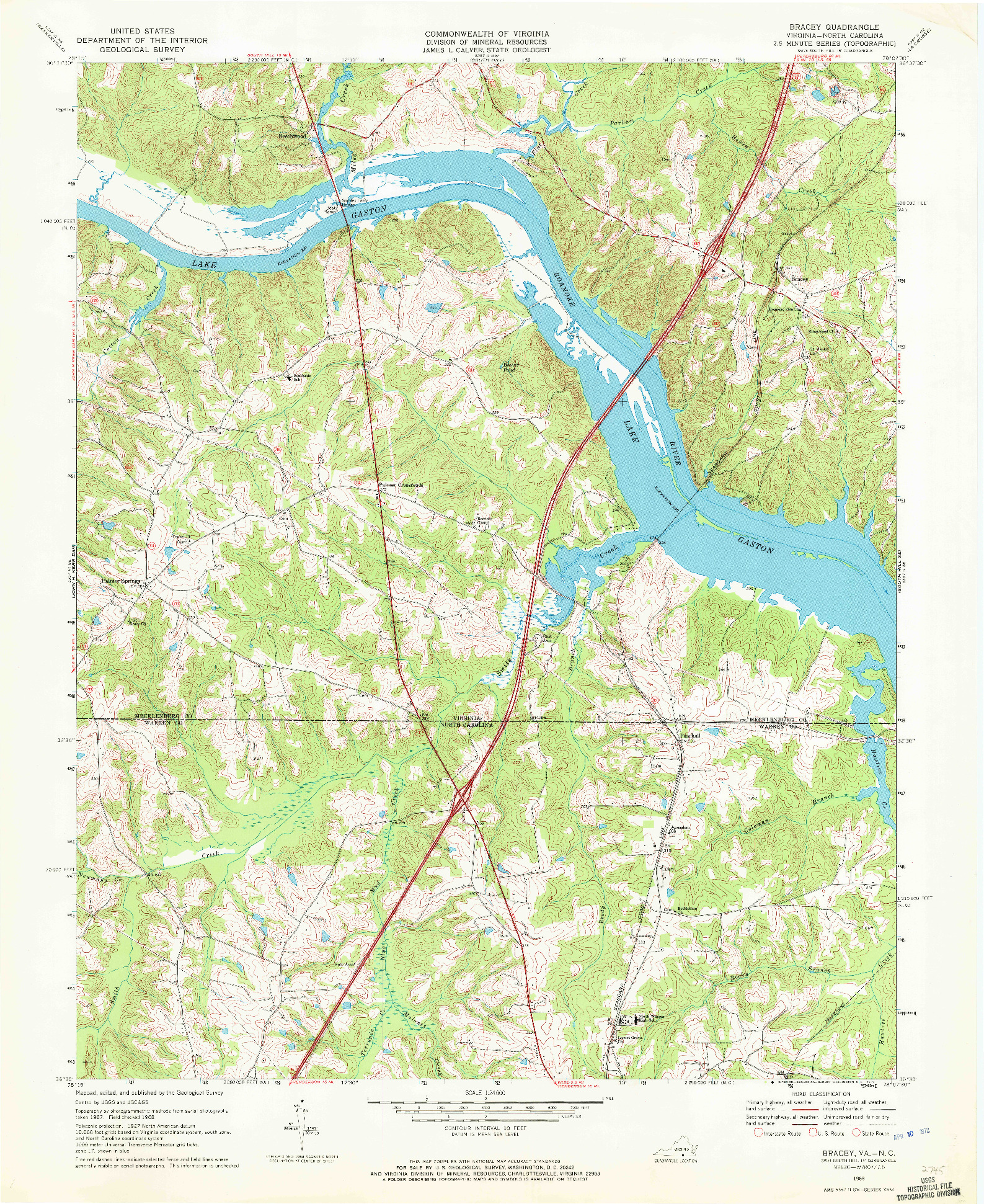 USGS 1:24000-SCALE QUADRANGLE FOR BRACEY, VA 1968