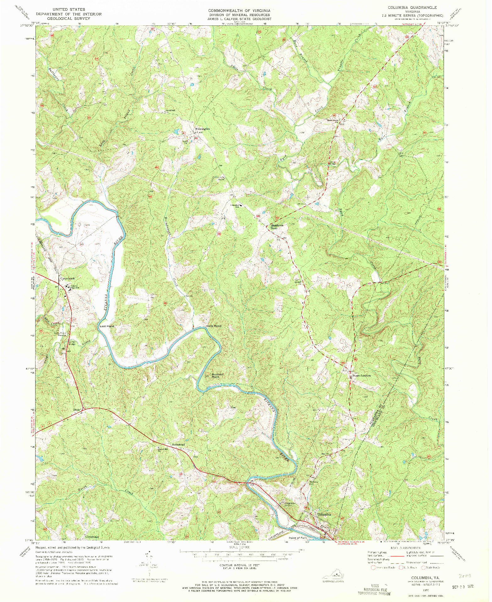 USGS 1:24000-SCALE QUADRANGLE FOR COLUMBIA, VA 1970