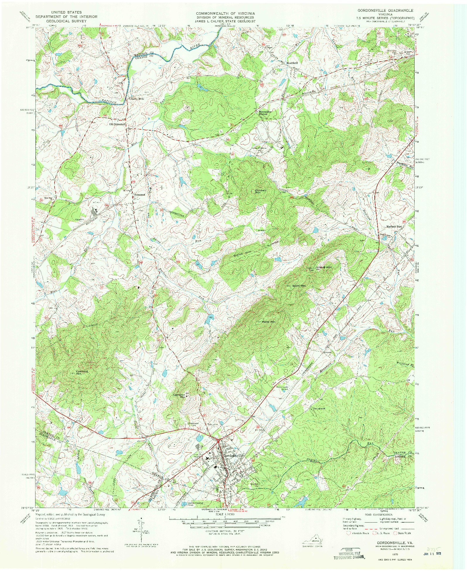 USGS 1:24000-SCALE QUADRANGLE FOR GORDONSVILLE, VA 1970