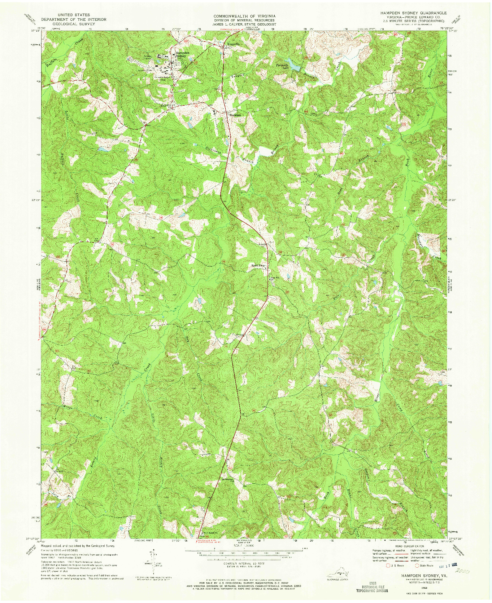 USGS 1:24000-SCALE QUADRANGLE FOR HAMPDEN SYDNEY, VA 1968