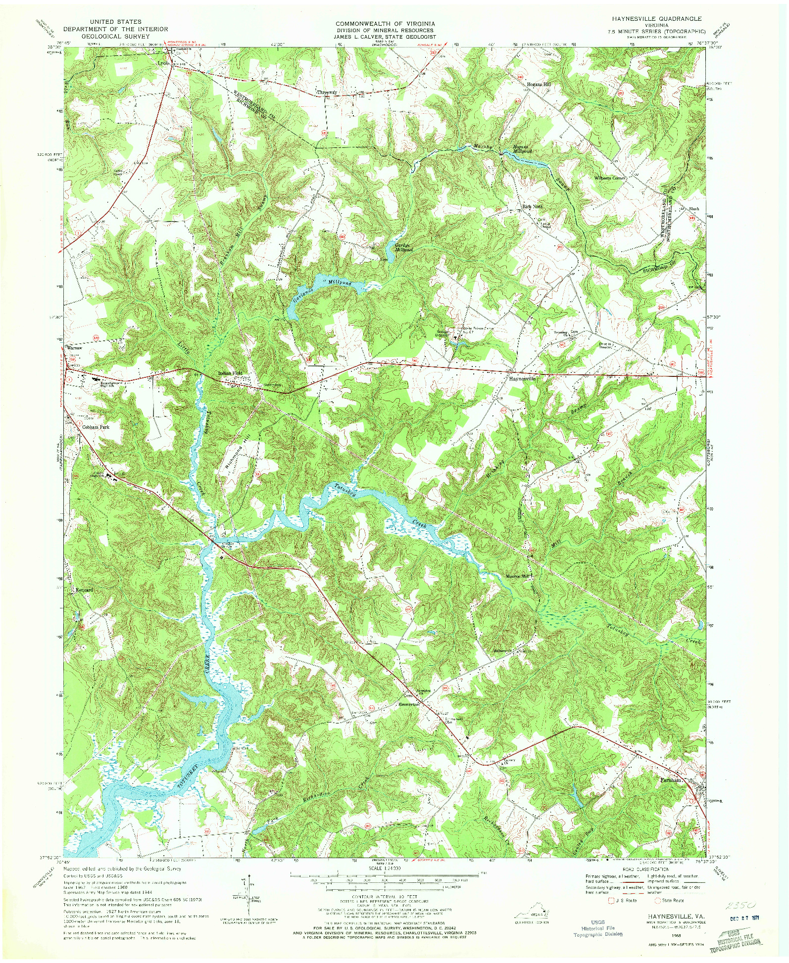 USGS 1:24000-SCALE QUADRANGLE FOR HAYNESVILLE, VA 1968