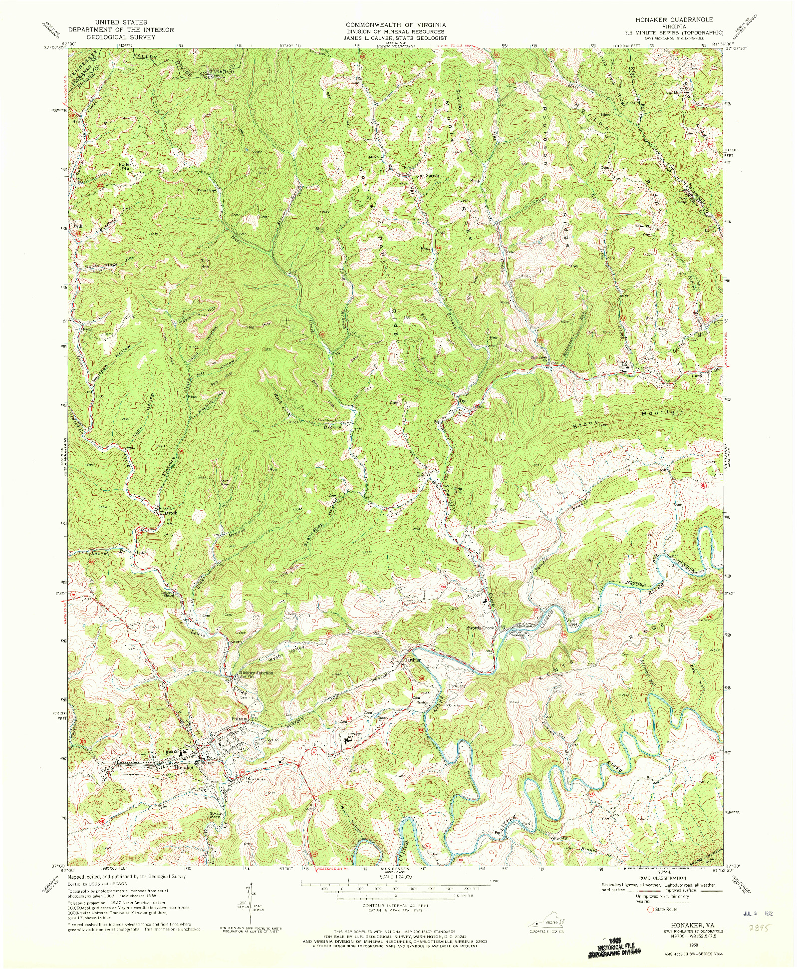 USGS 1:24000-SCALE QUADRANGLE FOR HONAKER, VA 1968