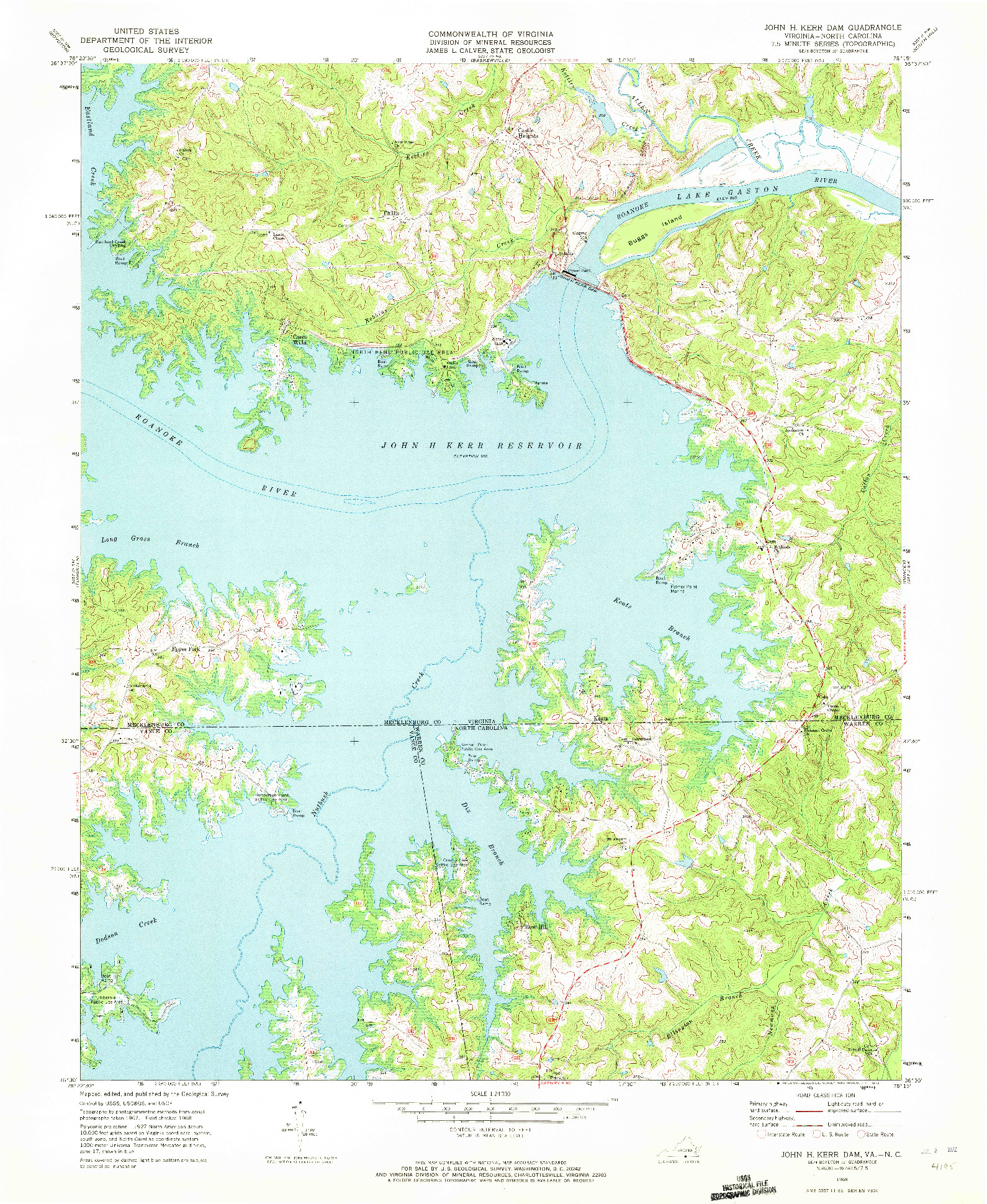 USGS 1:24000-SCALE QUADRANGLE FOR JOHN H KERR DAM, VA 1968
