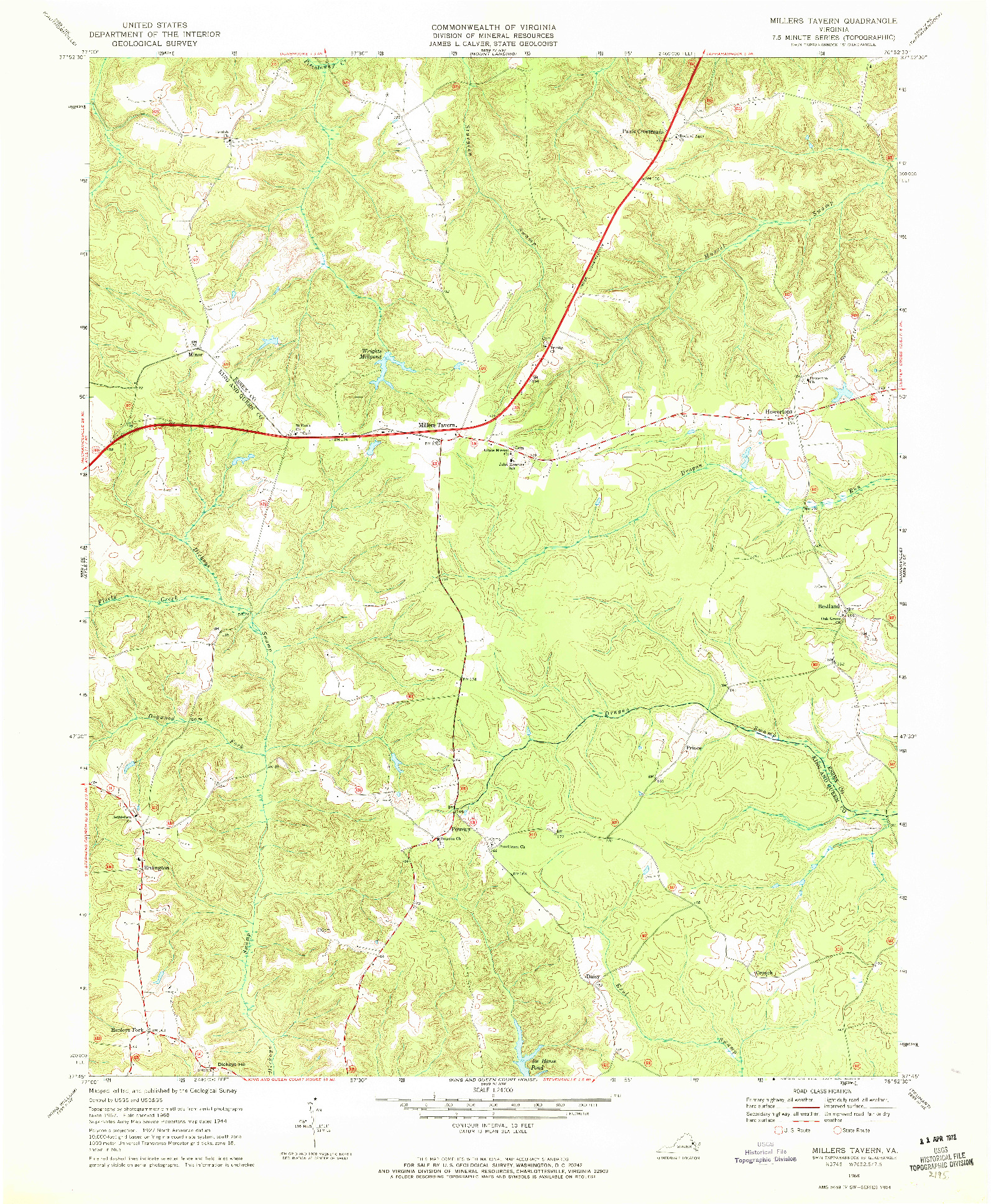 USGS 1:24000-SCALE QUADRANGLE FOR MILLERS TAVERN, VA 1968