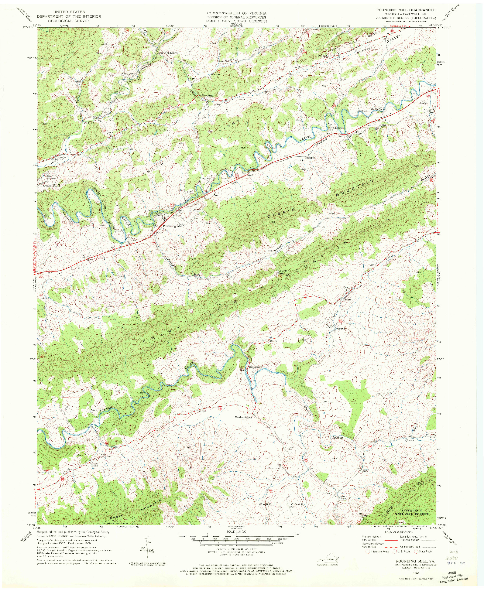 USGS 1:24000-SCALE QUADRANGLE FOR POUNDING MILL, VA 1968