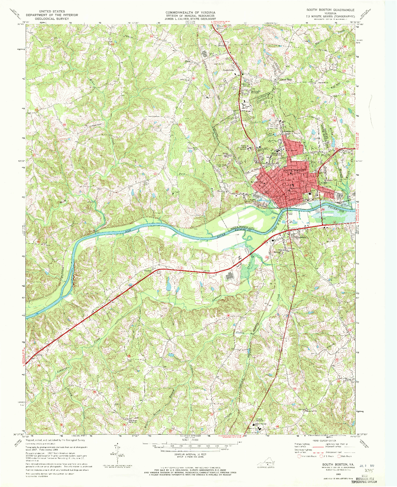 USGS 1:24000-SCALE QUADRANGLE FOR SOUTH BOSTON, VA 1969