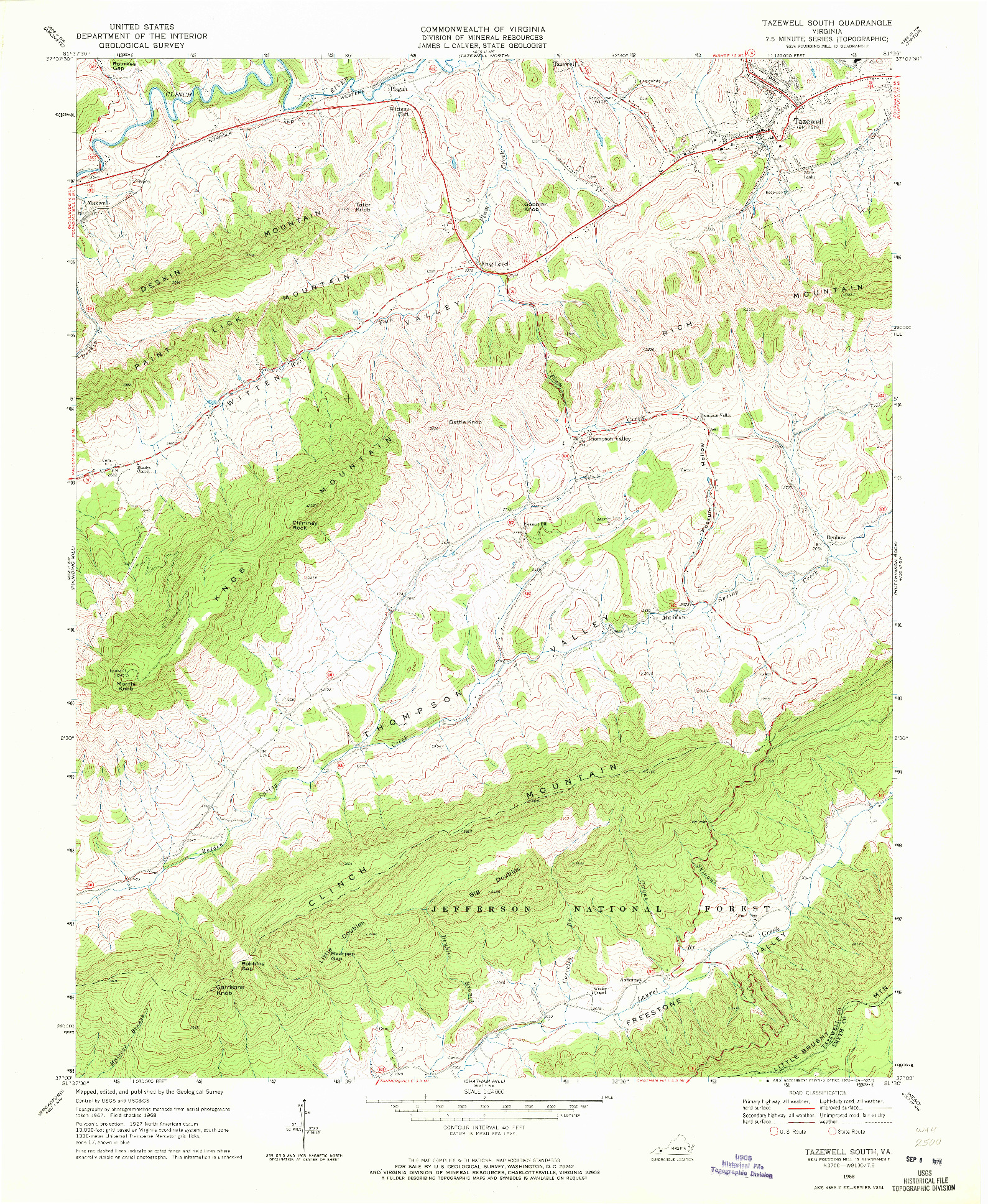 USGS 1:24000-SCALE QUADRANGLE FOR TAZEWELL SOUTH, VA 1968