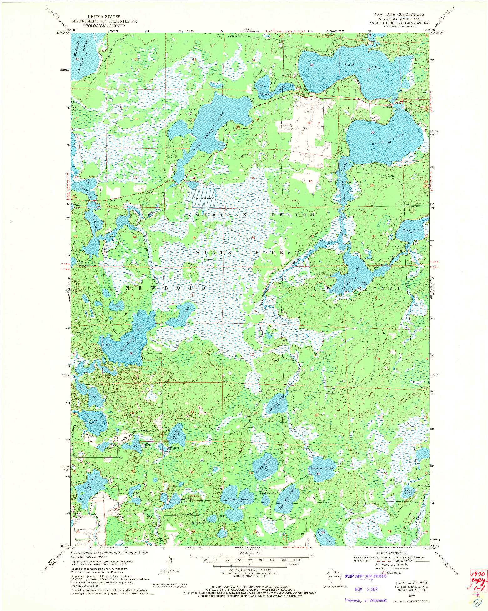 USGS 1:24000-SCALE QUADRANGLE FOR DAM LAKE, WI 1970