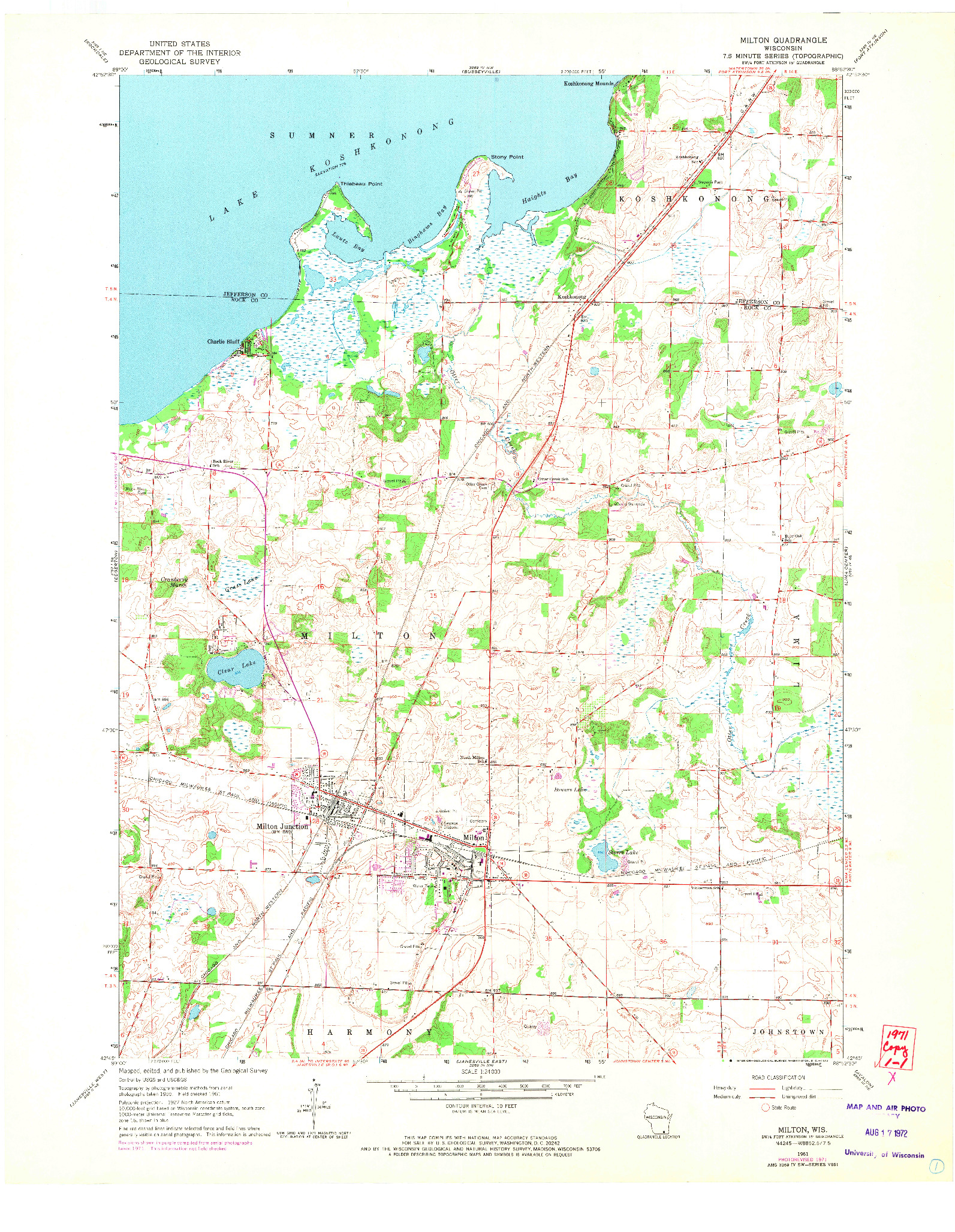 USGS 1:24000-SCALE QUADRANGLE FOR MILTON, WI 1961