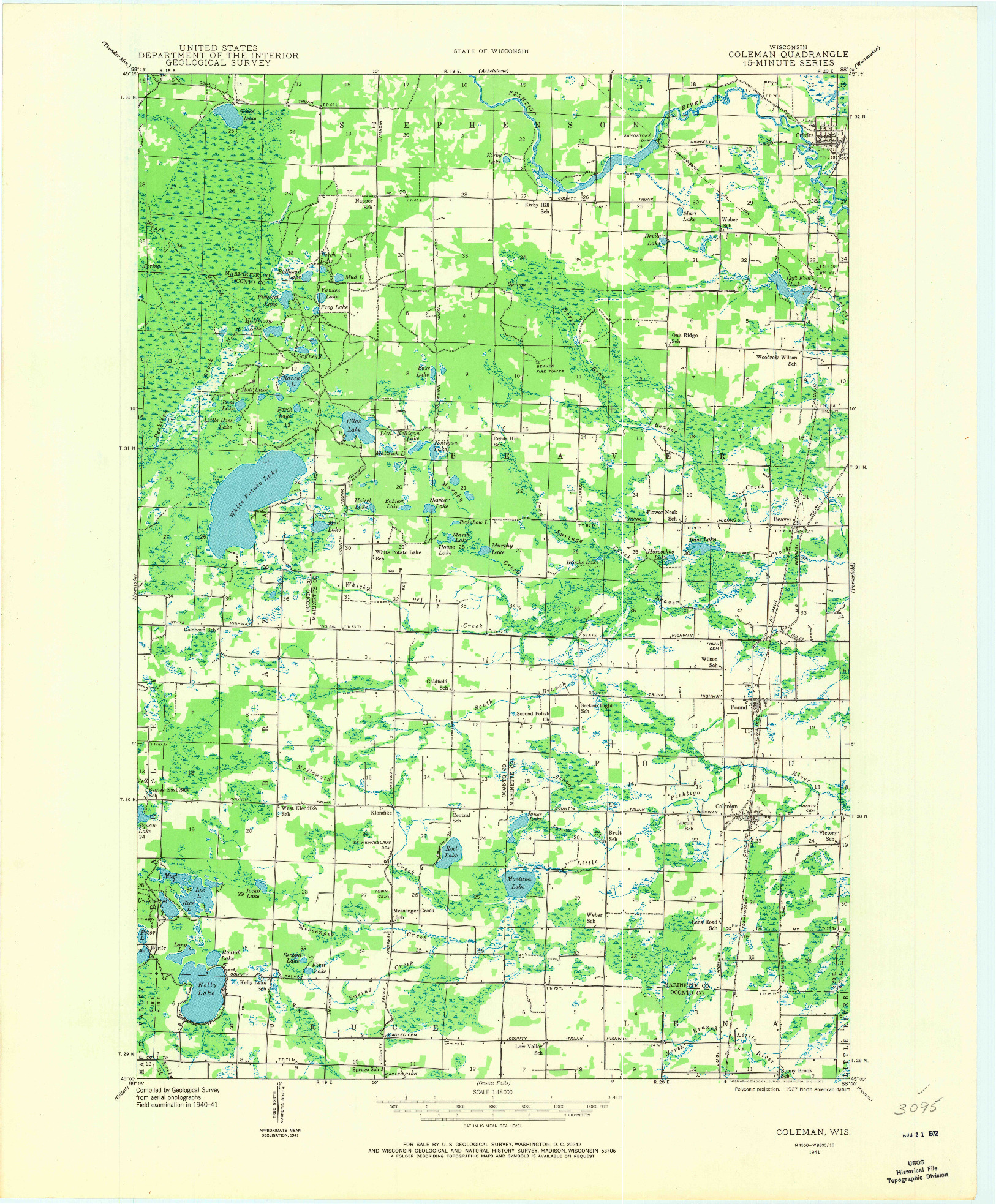 USGS 1:48000-SCALE QUADRANGLE FOR COLEMAN, WI 1941