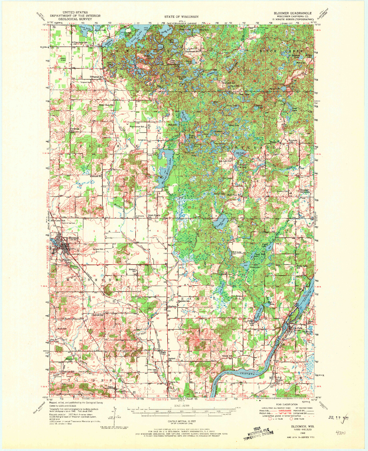 USGS 1:62500-SCALE QUADRANGLE FOR BLOOMER, WI 1949