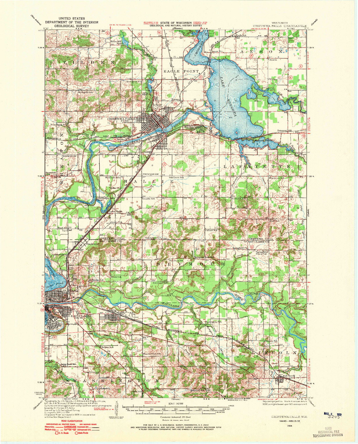 USGS 1:62500-SCALE QUADRANGLE FOR CHIPPEWA FALLS, WI 1934