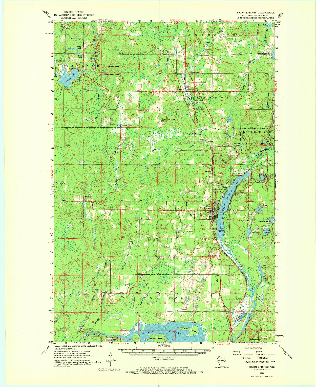 USGS 1:62500-SCALE QUADRANGLE FOR SOLON SPRINGS, WI 1961
