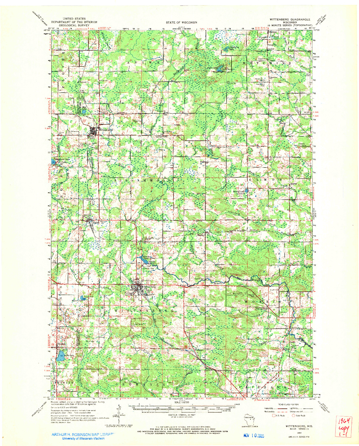 USGS 1:62500-SCALE QUADRANGLE FOR WITTENBERG, WI 1964