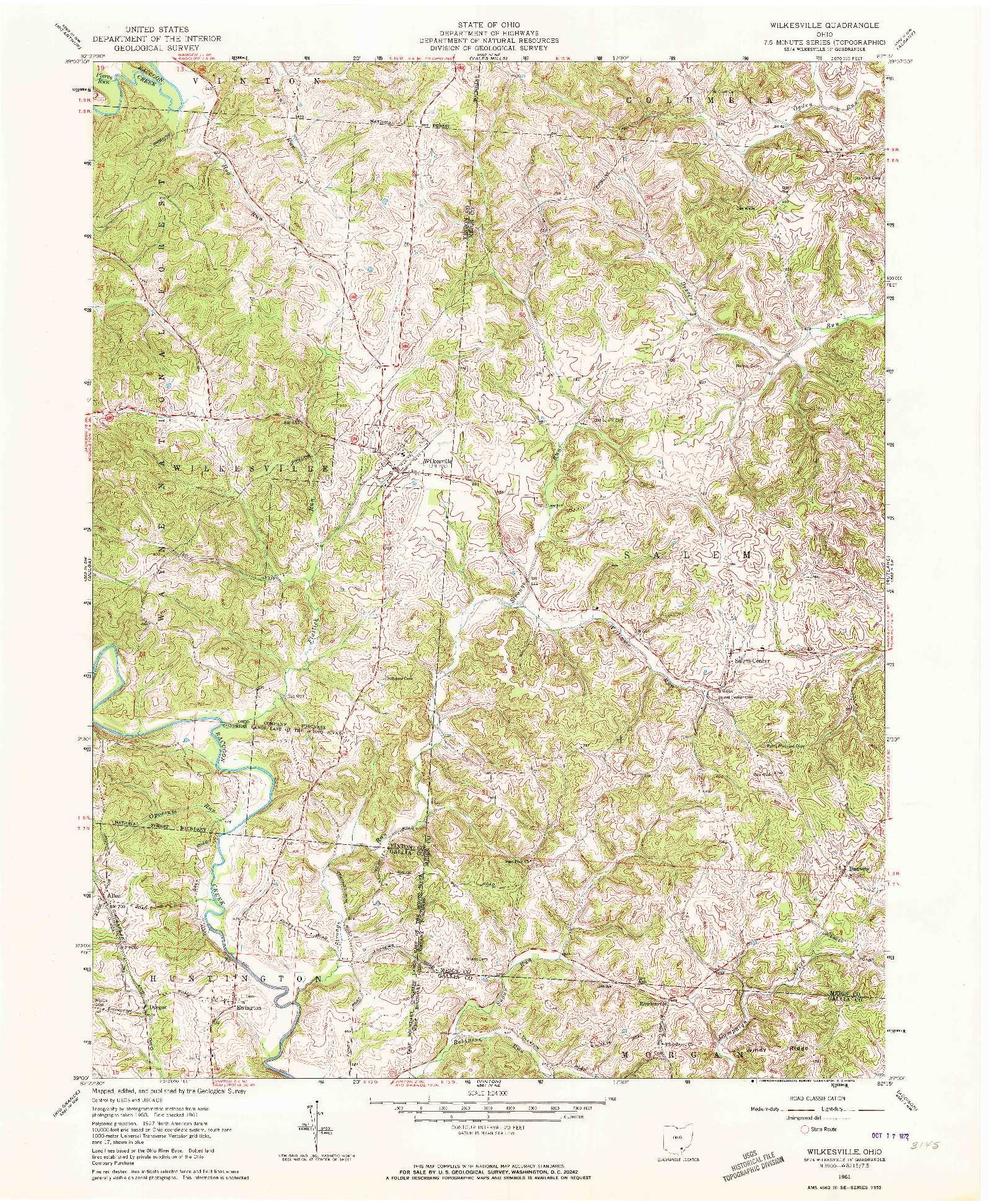 USGS 1:24000-SCALE QUADRANGLE FOR WILKESVILLE, OH 1961