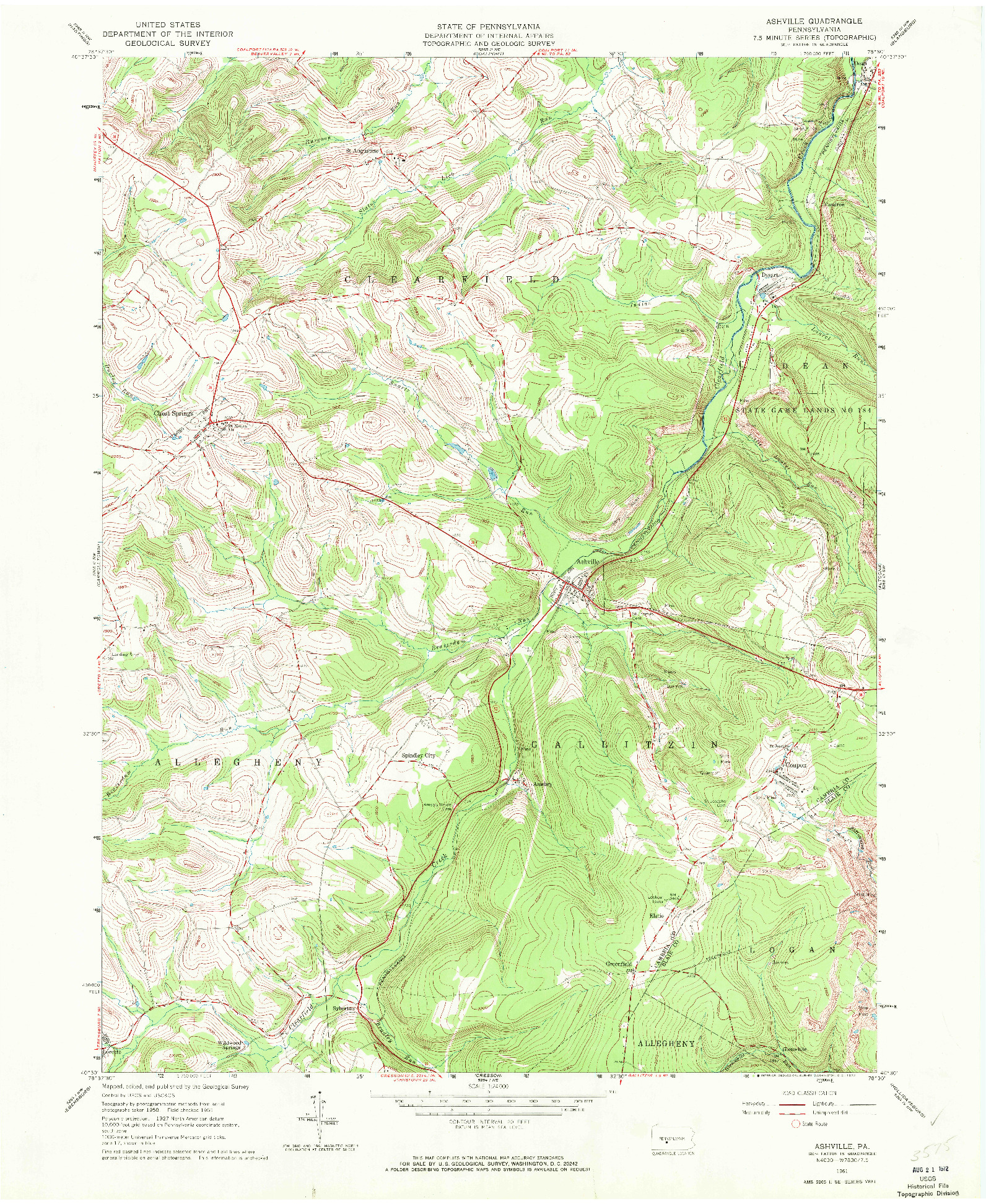 USGS 1:24000-SCALE QUADRANGLE FOR ASHVILLE, PA 1961