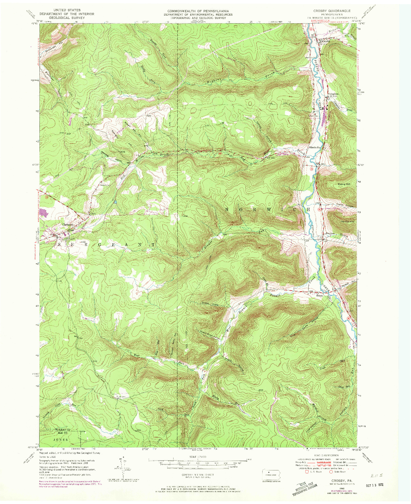 USGS 1:24000-SCALE QUADRANGLE FOR CROSBY, PA 1948