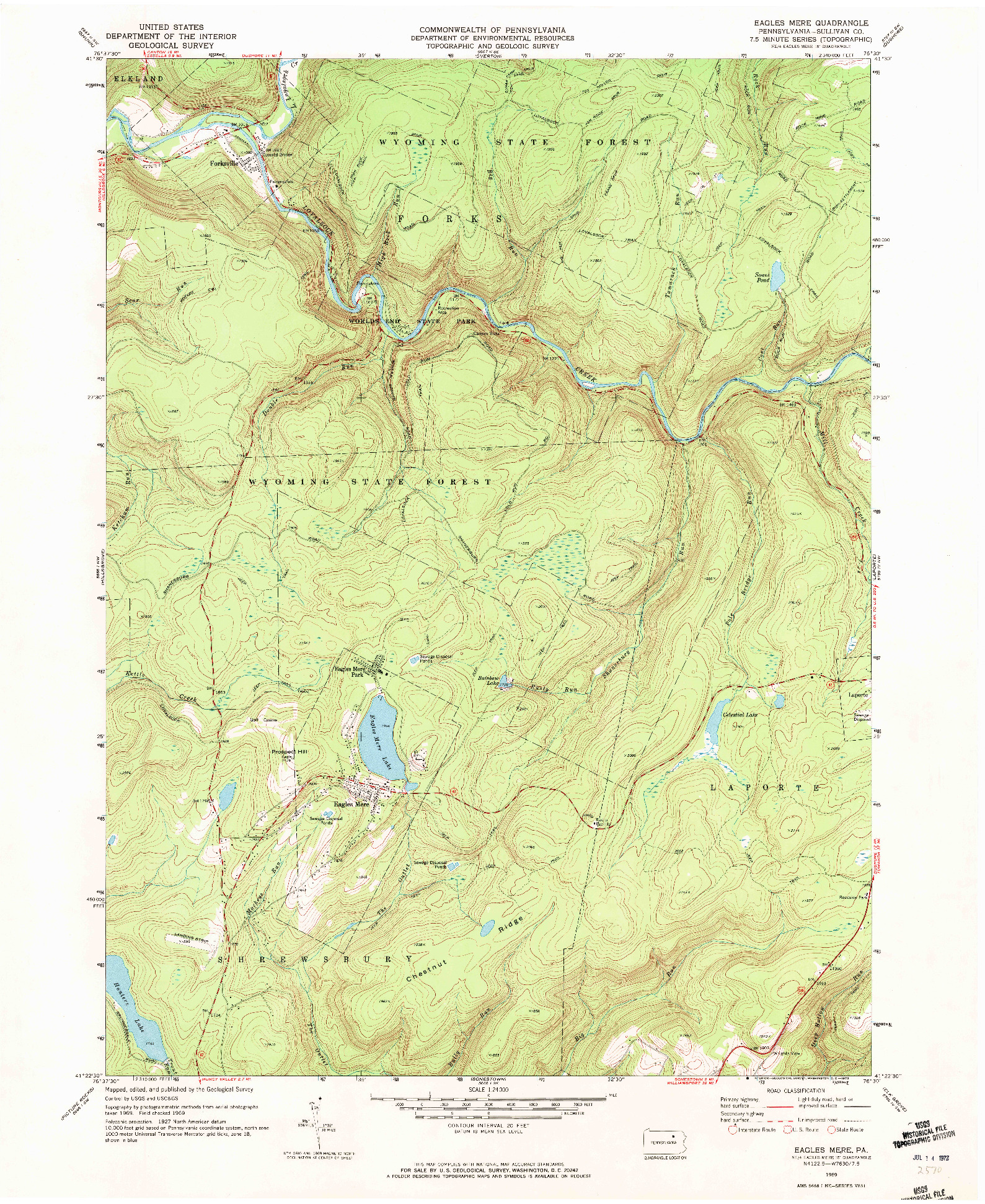 USGS 1:24000-SCALE QUADRANGLE FOR EAGLES MERE, PA 1969