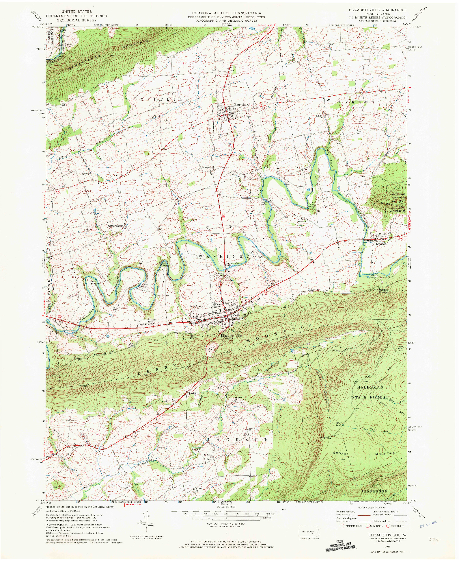 USGS 1:24000-SCALE QUADRANGLE FOR ELIZABETHVILLE, PA 1969