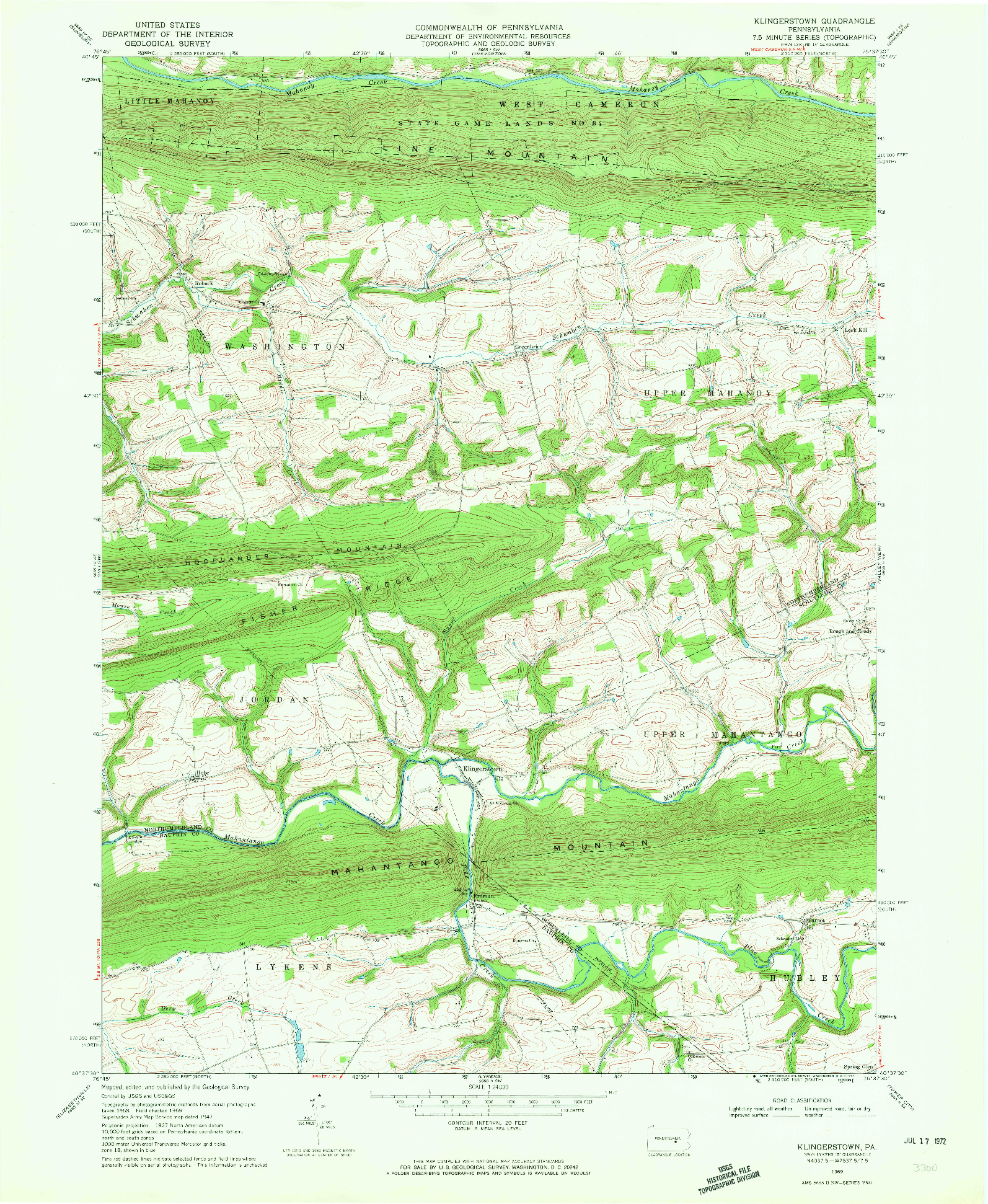 USGS 1:24000-SCALE QUADRANGLE FOR KLINGERSTOWN, PA 1969