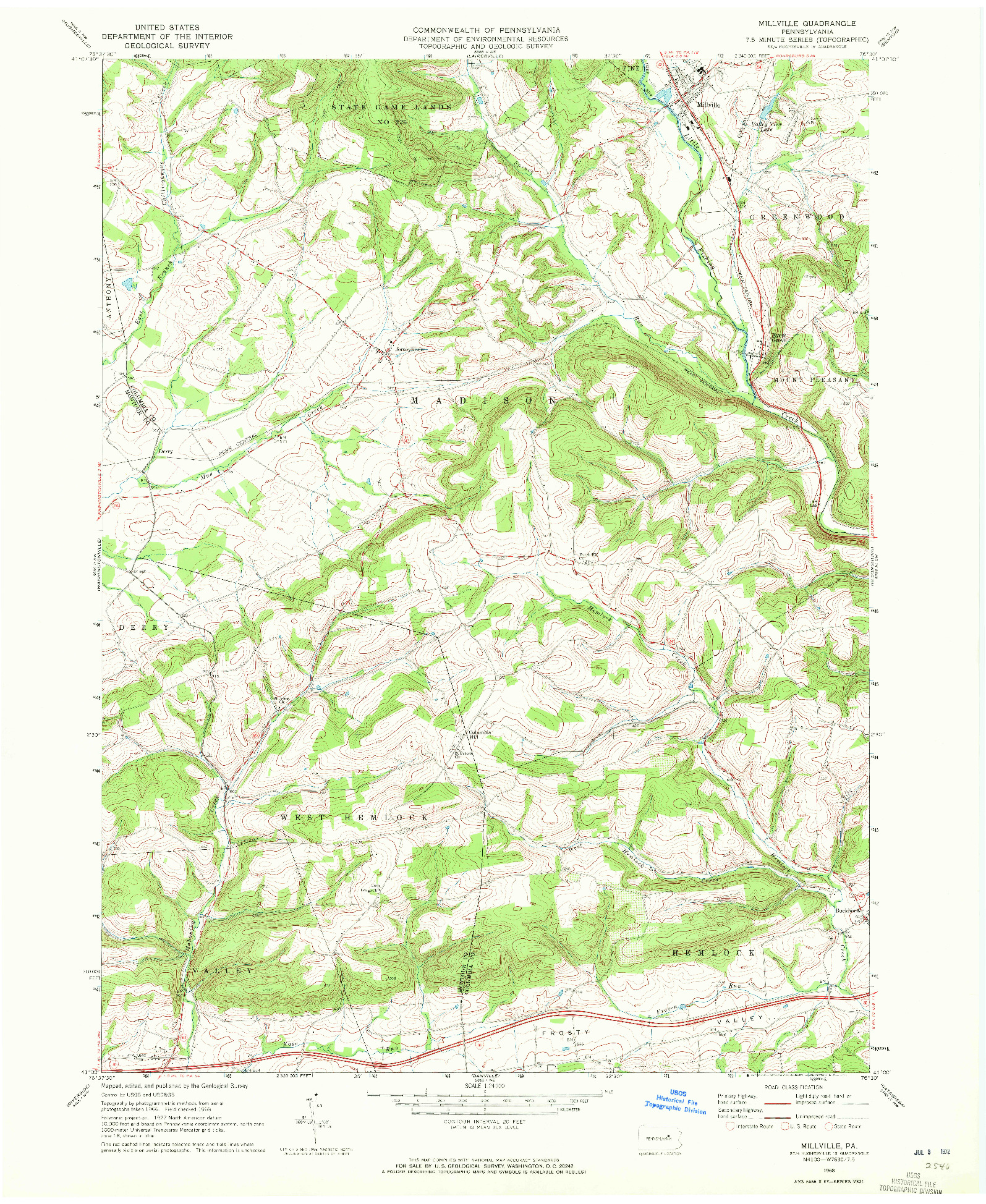 USGS 1:24000-SCALE QUADRANGLE FOR MILLVILLE, PA 1968