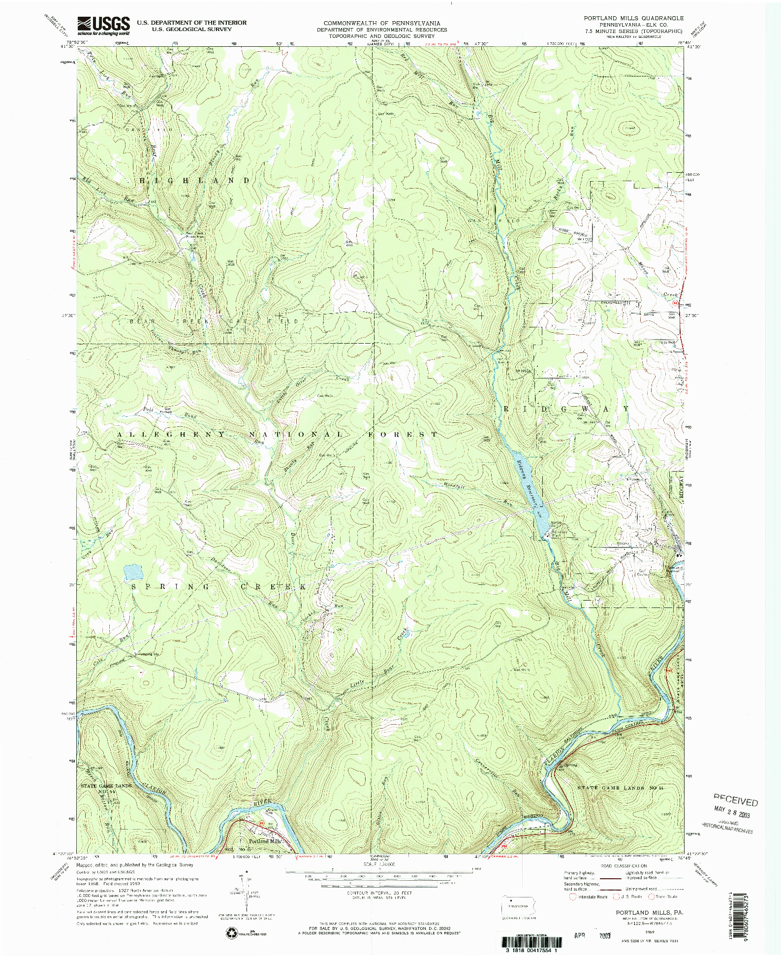 USGS 1:24000-SCALE QUADRANGLE FOR PORTLAND MILLS, PA 1969