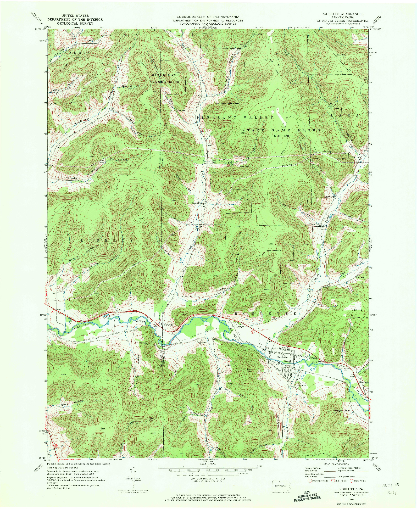 USGS 1:24000-SCALE QUADRANGLE FOR ROULETTE, PA 1969