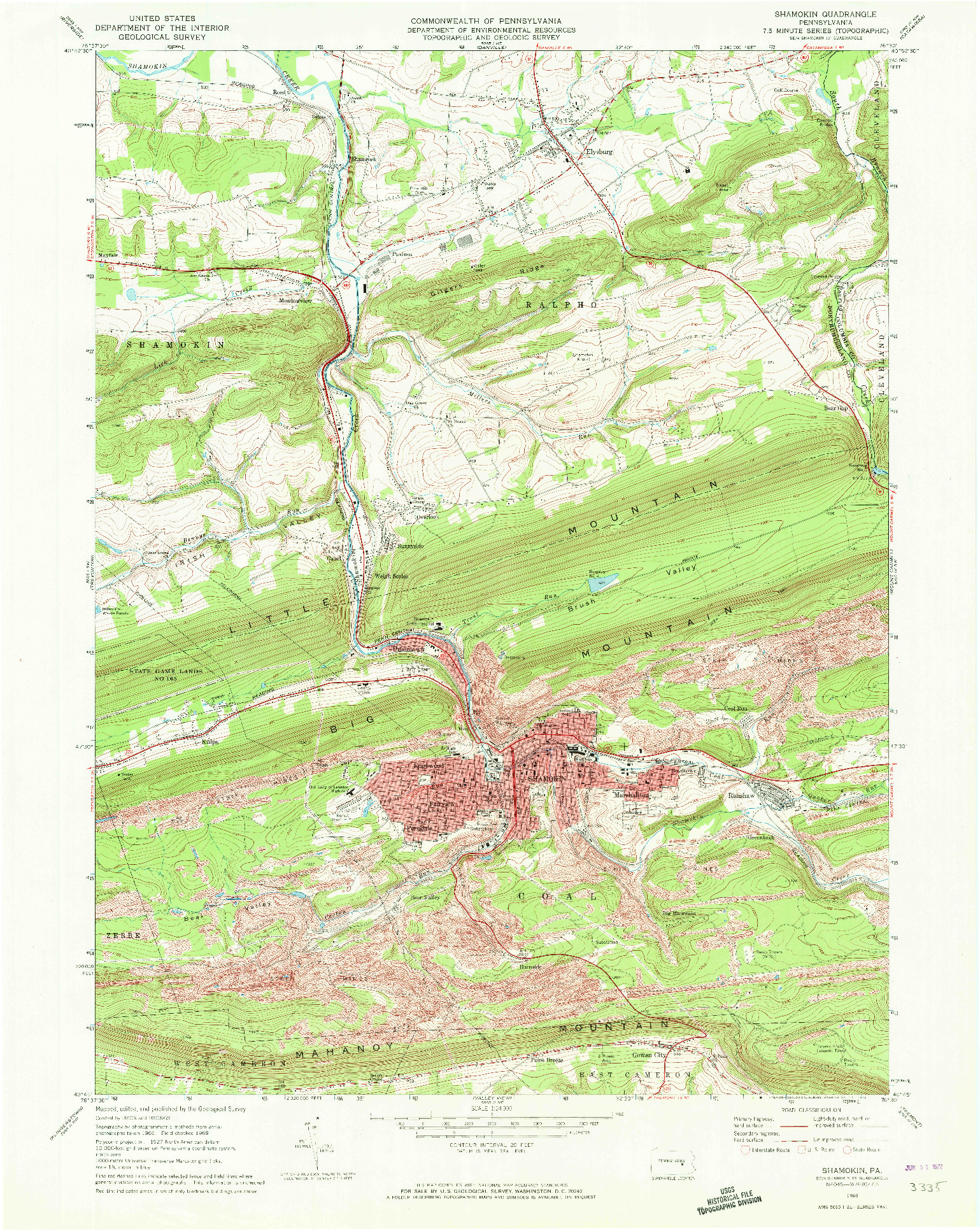 USGS 1:24000-SCALE QUADRANGLE FOR SHAMOKIN, PA 1969