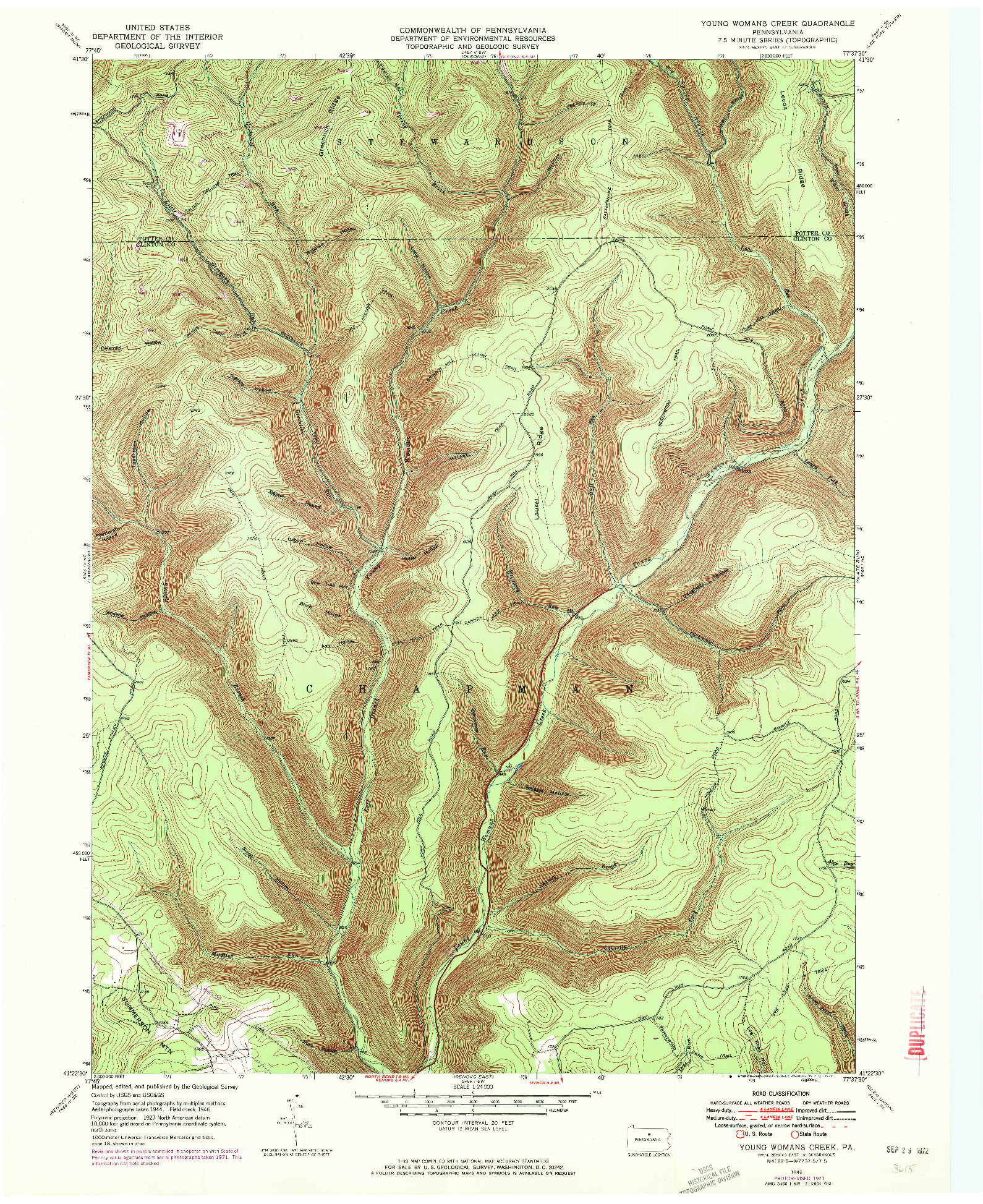 USGS 1:24000-SCALE QUADRANGLE FOR YOUNG WOMANS CREEK, PA 1946