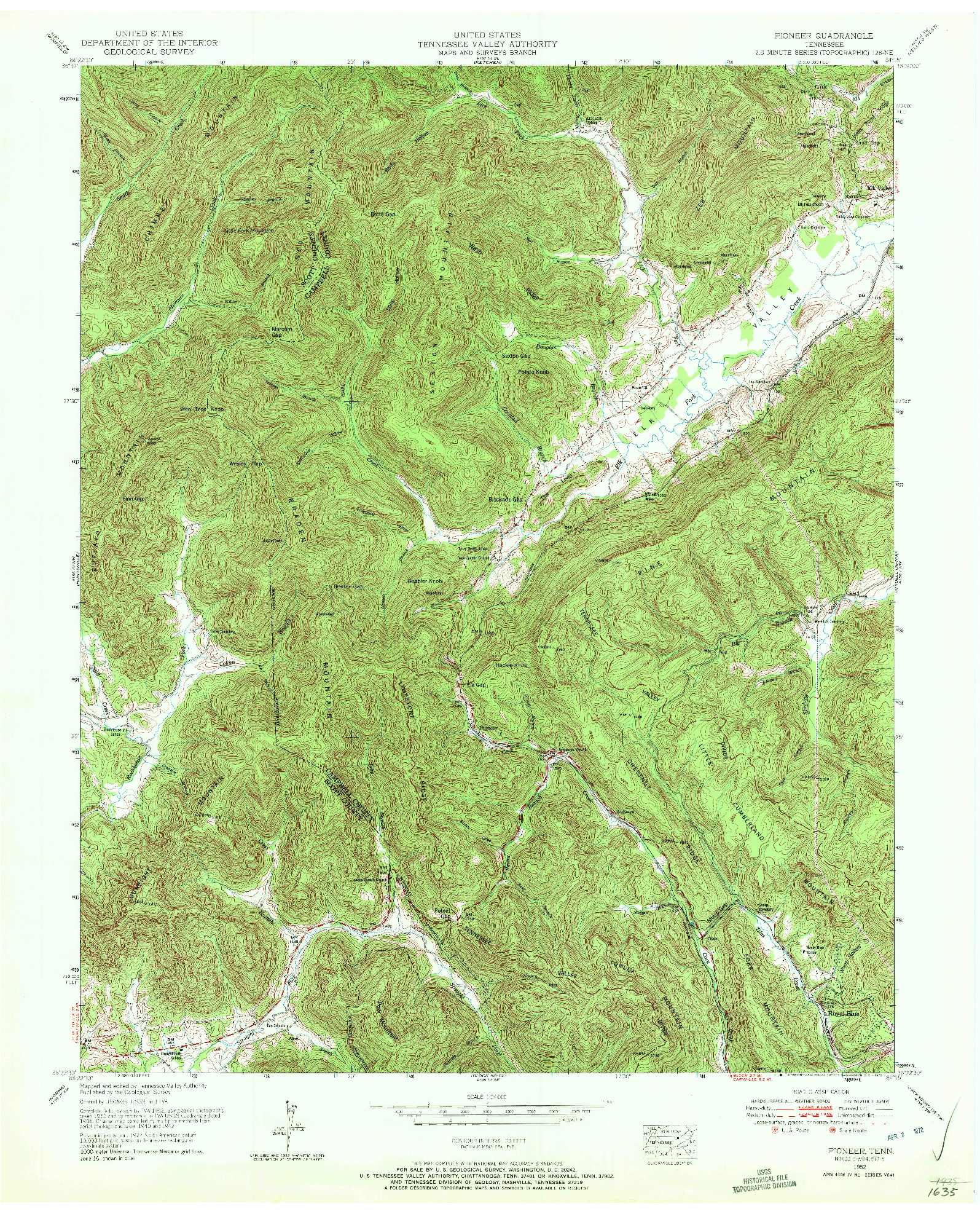 USGS 1:24000-SCALE QUADRANGLE FOR PIONEER, TN 1952