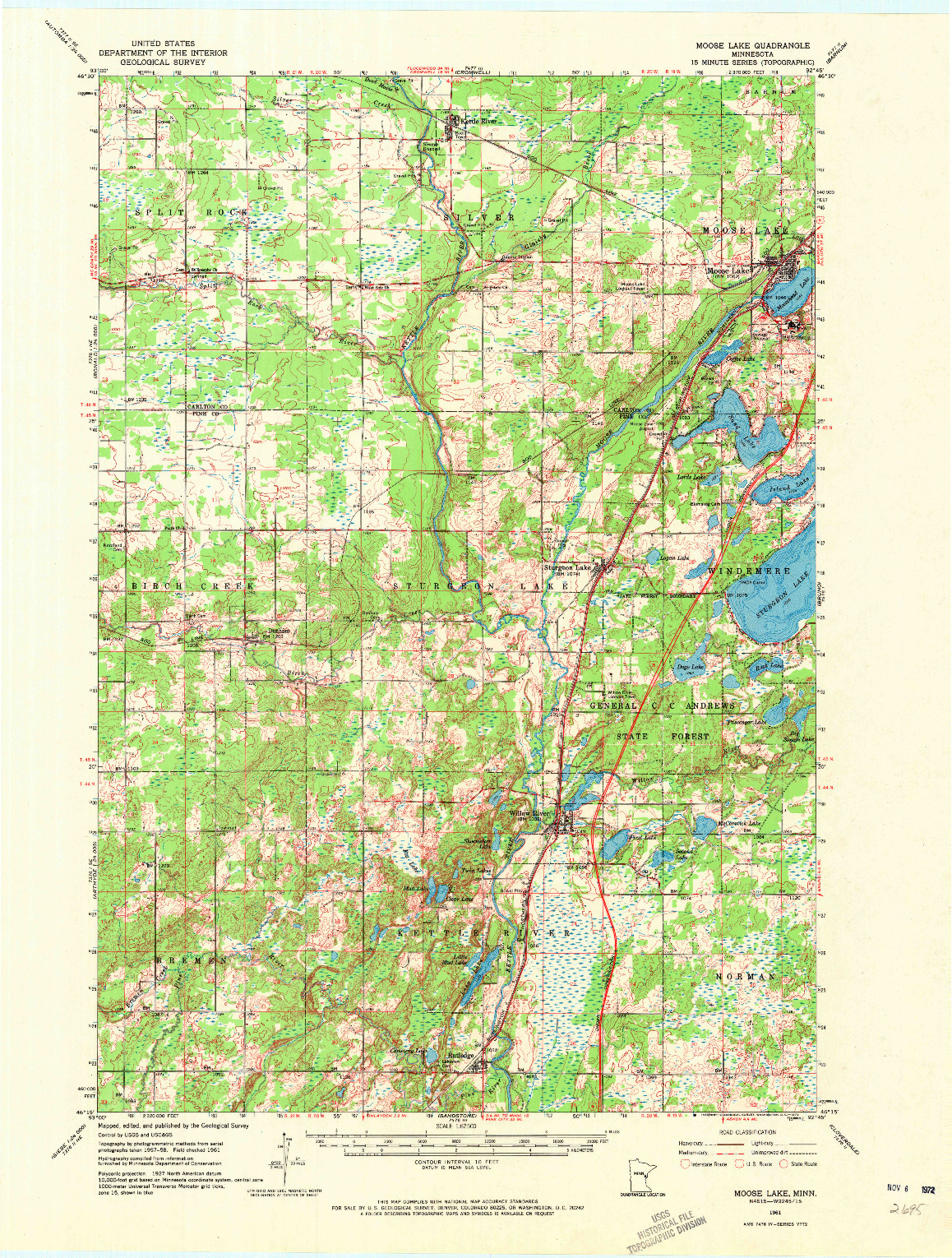 USGS 1:62500-SCALE QUADRANGLE FOR MOOSE LAKE, MN 1961