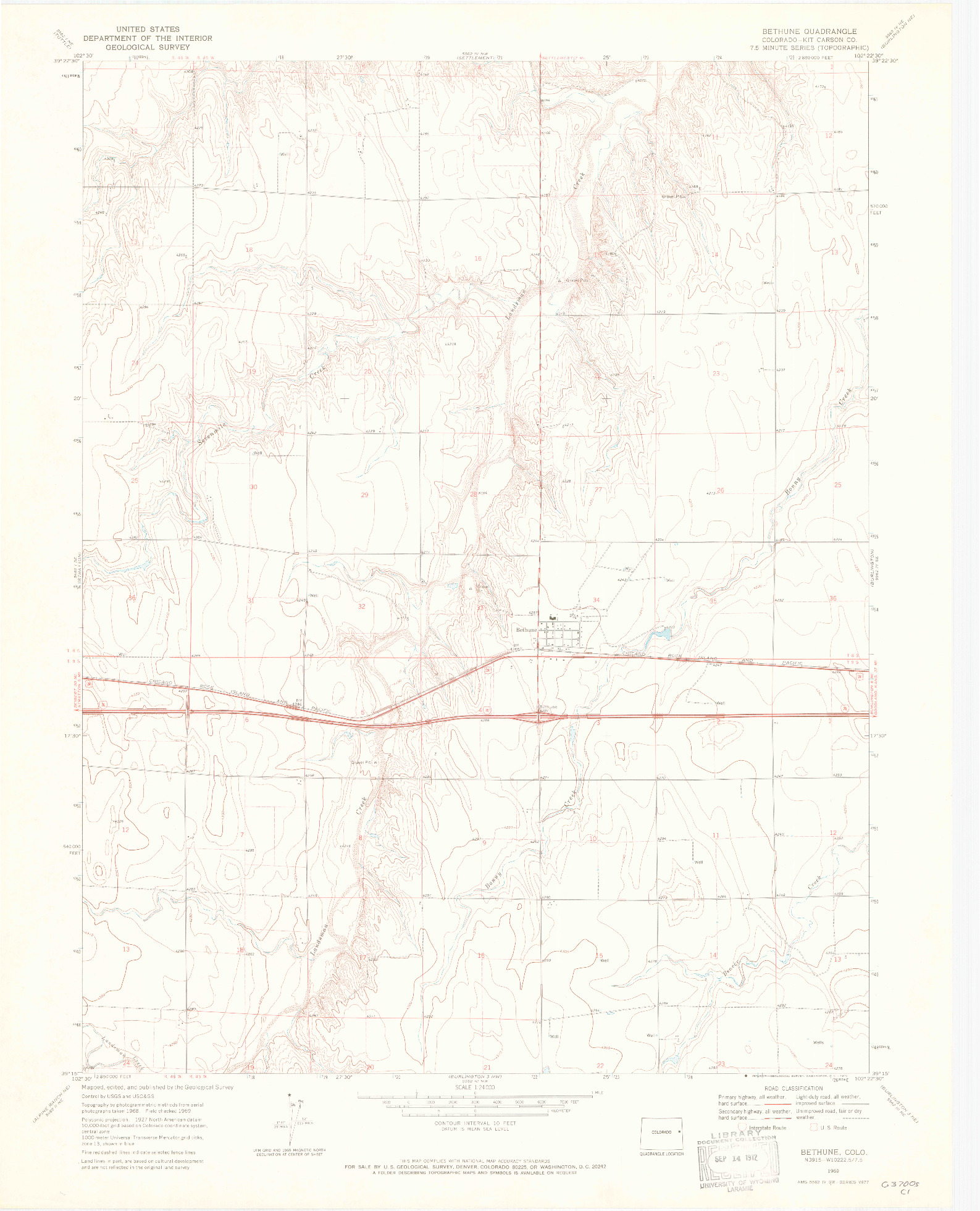USGS 1:24000-SCALE QUADRANGLE FOR BETHUNE, CO 1969