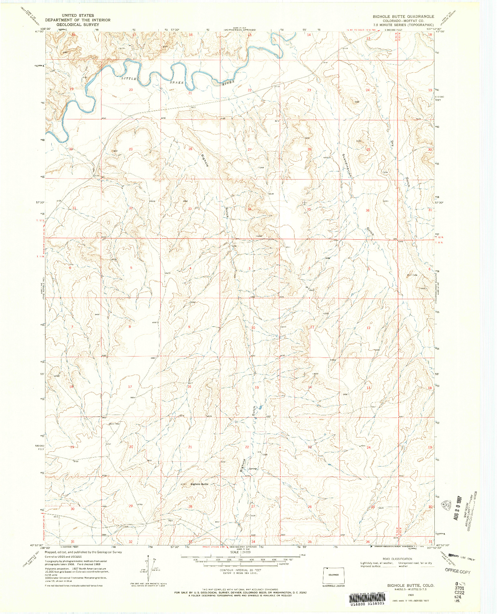 USGS 1:24000-SCALE QUADRANGLE FOR BIGHOLE BUTTE, CO 1969