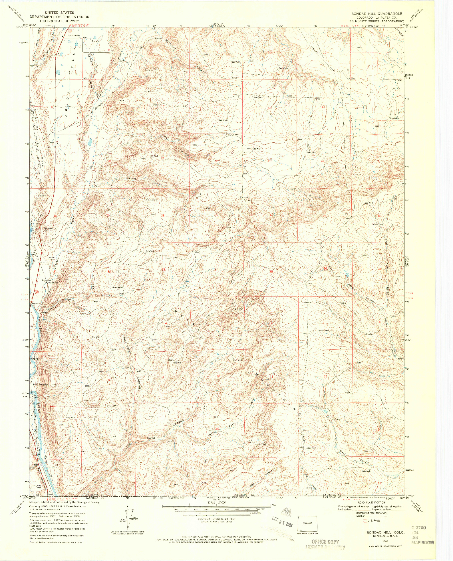 USGS 1:24000-SCALE QUADRANGLE FOR BONDAD HILL, CO 1968