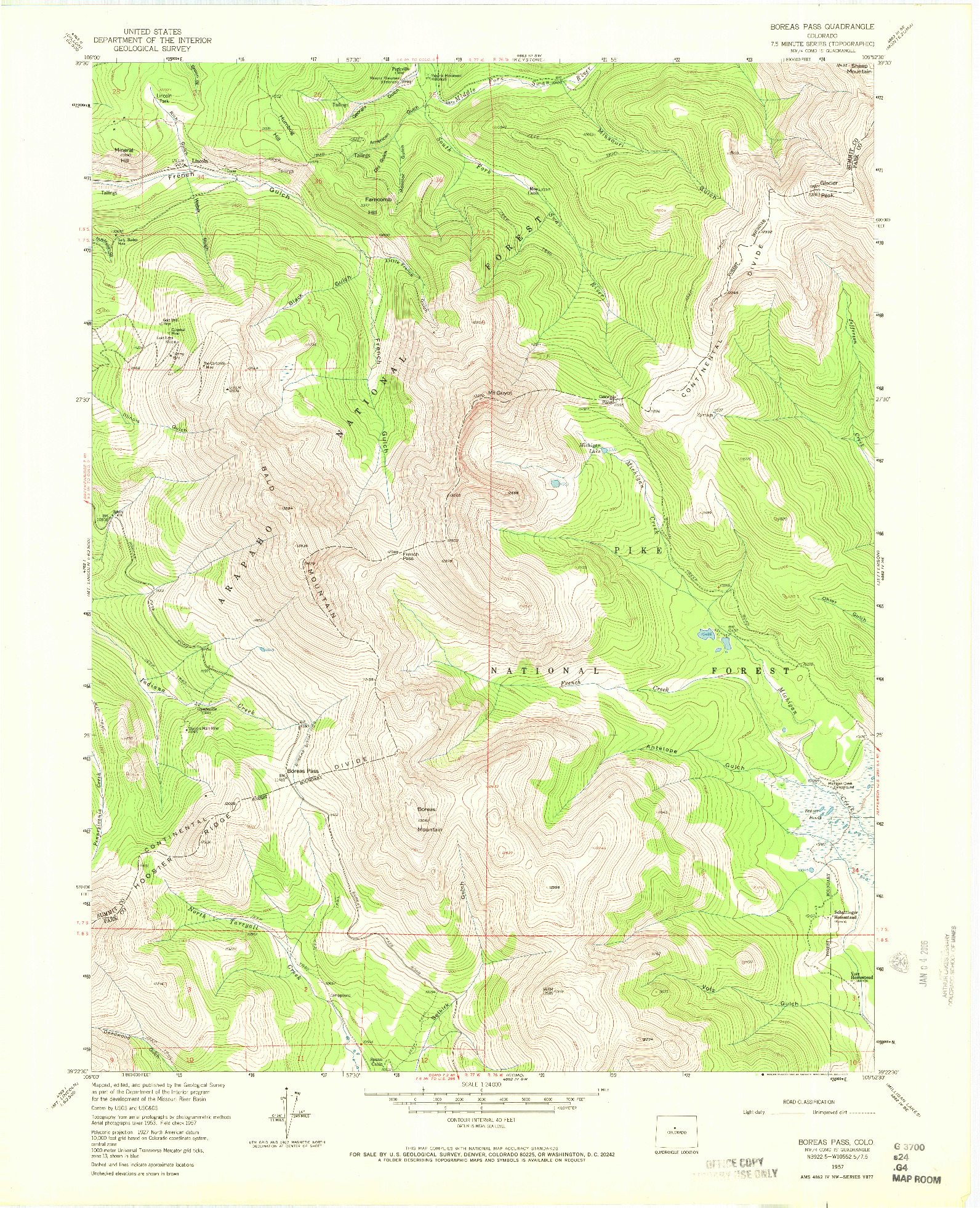 USGS 1:24000-SCALE QUADRANGLE FOR BOREAS PASS, CO 1957