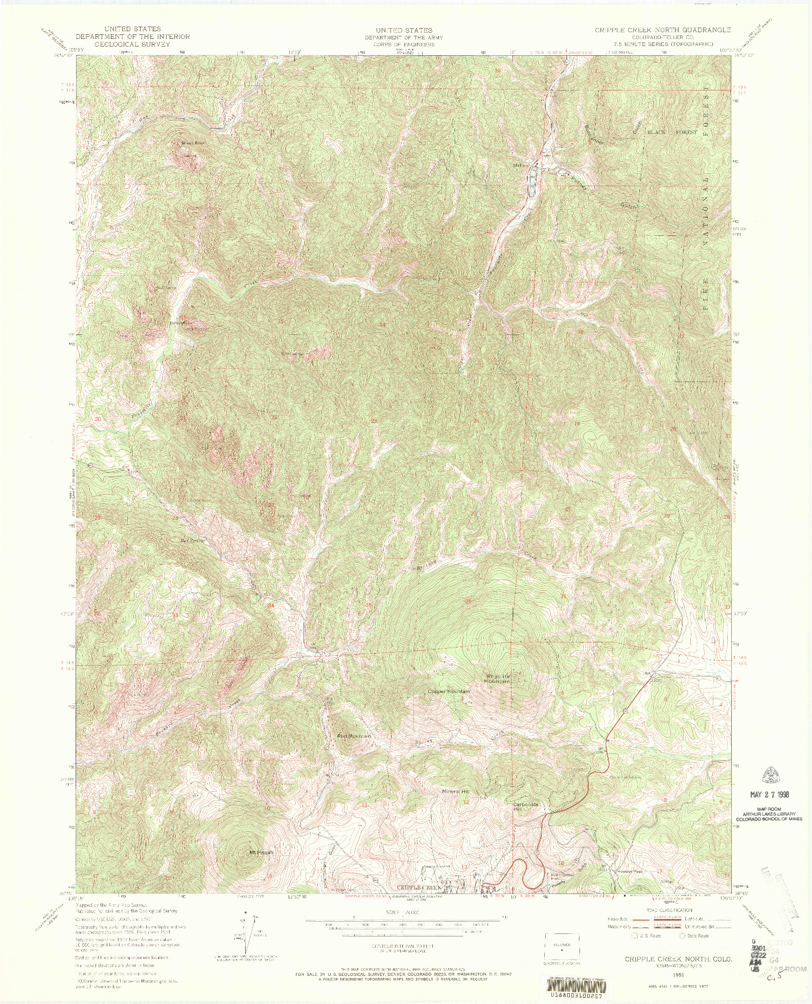 USGS 1:24000-SCALE QUADRANGLE FOR CRIPPLE CREEK NORTH, CO 1951