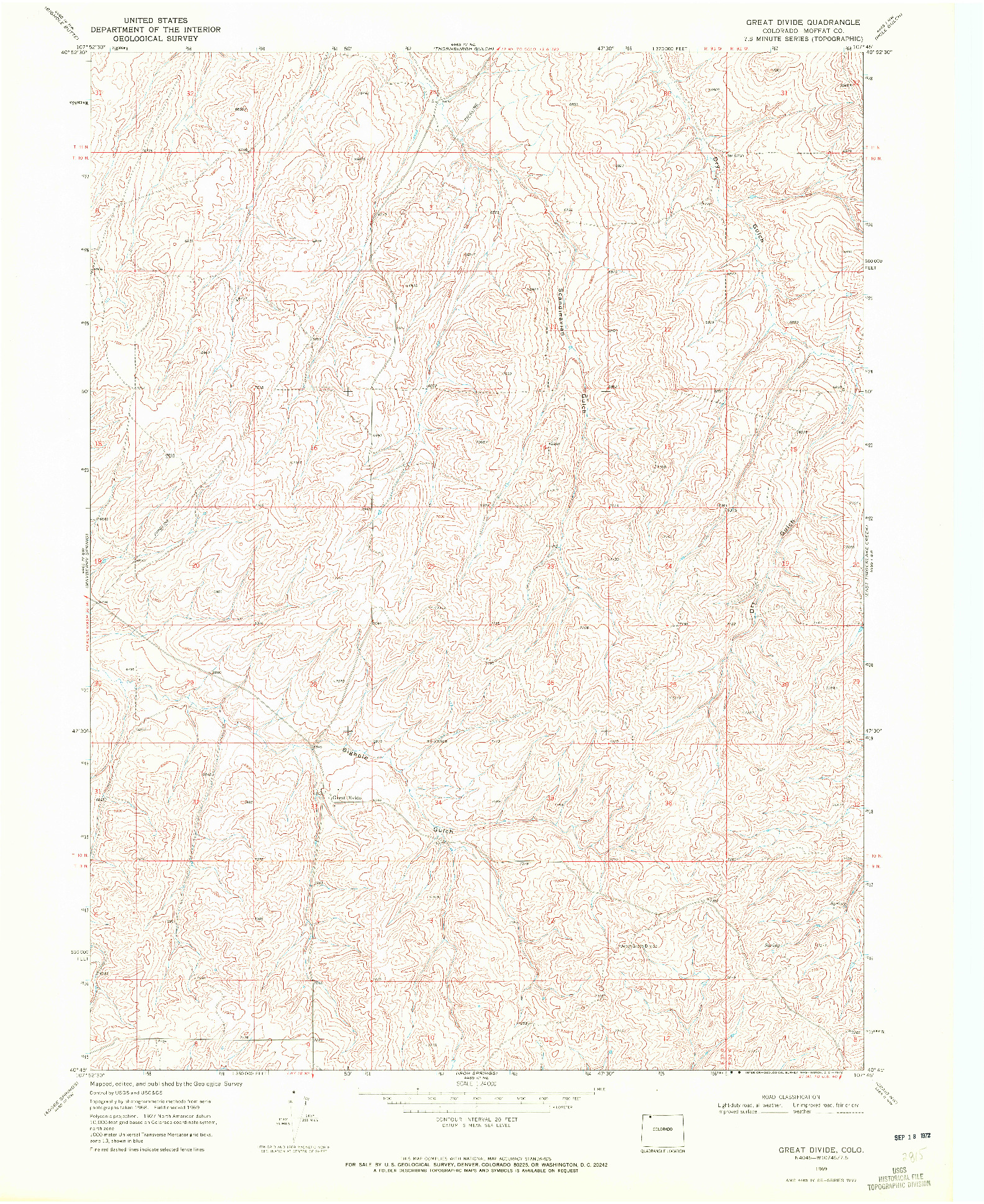 USGS 1:24000-SCALE QUADRANGLE FOR GREAT DIVIDE, CO 1969