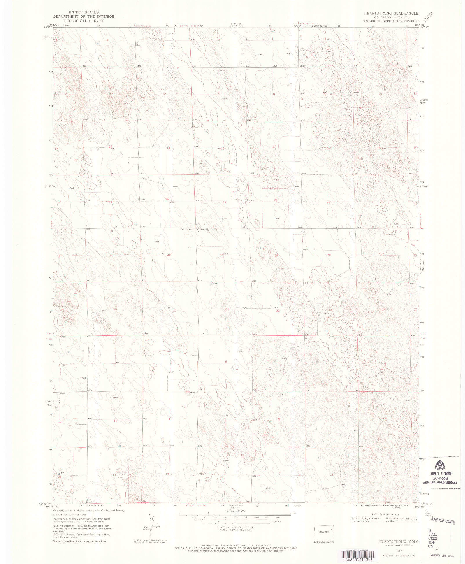 USGS 1:24000-SCALE QUADRANGLE FOR HEARTSTRONG, CO 1969
