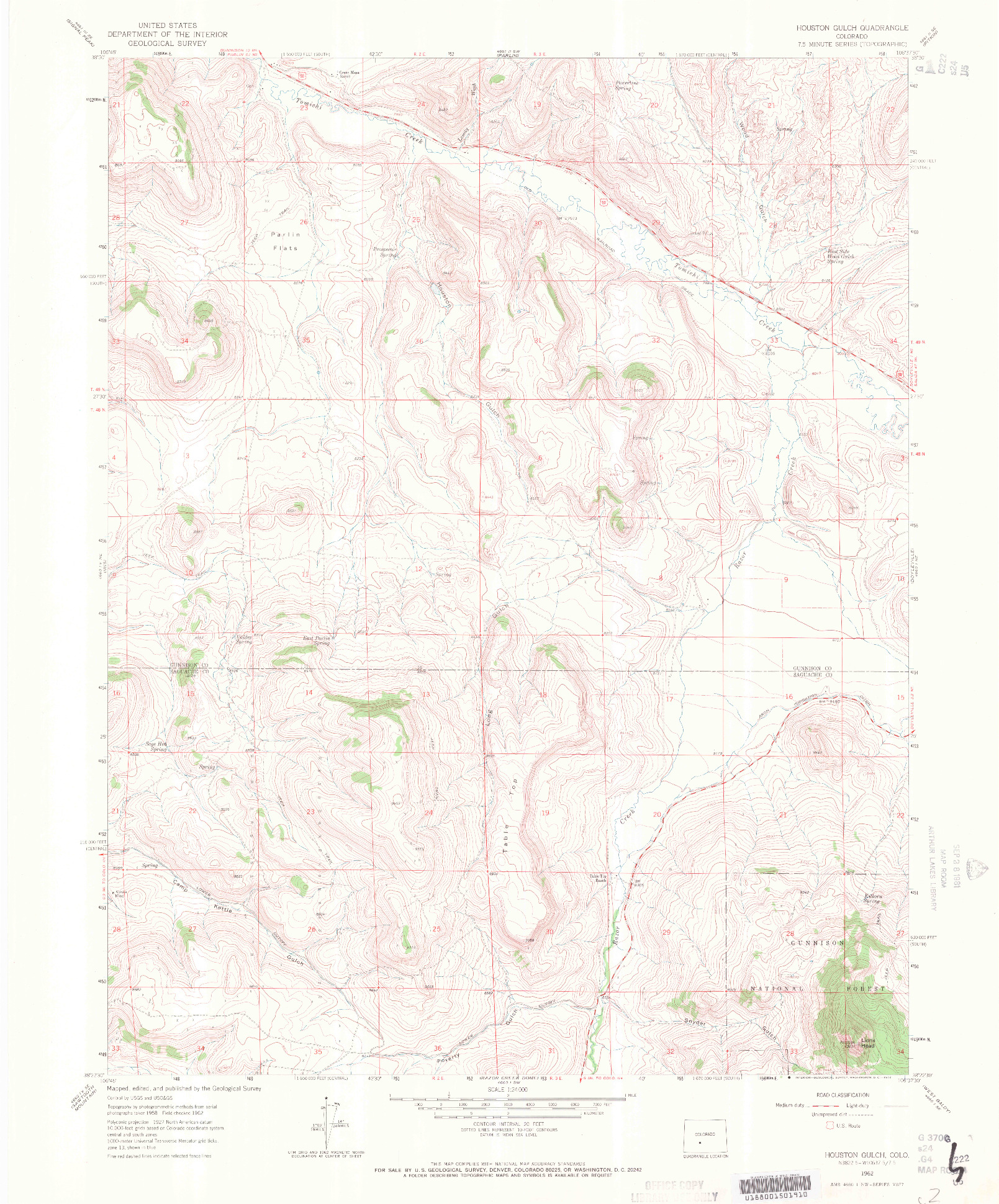 USGS 1:24000-SCALE QUADRANGLE FOR HOUSTON GULCH, CO 1962