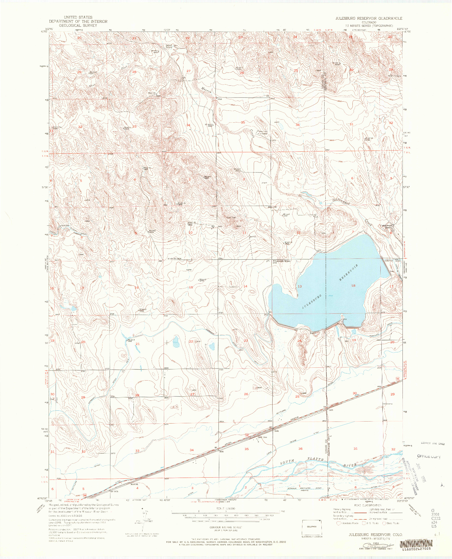 USGS 1:24000-SCALE QUADRANGLE FOR JULESBURG RESERVOIR, CO 1953